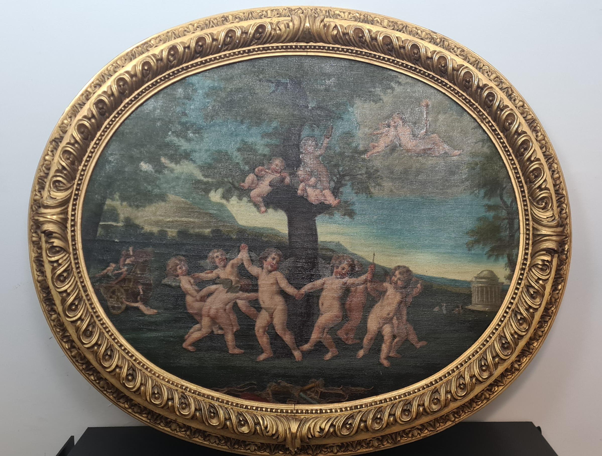 19th Century Oil on canvas painting depicting 18th century allegorical scene  19thC For Sale