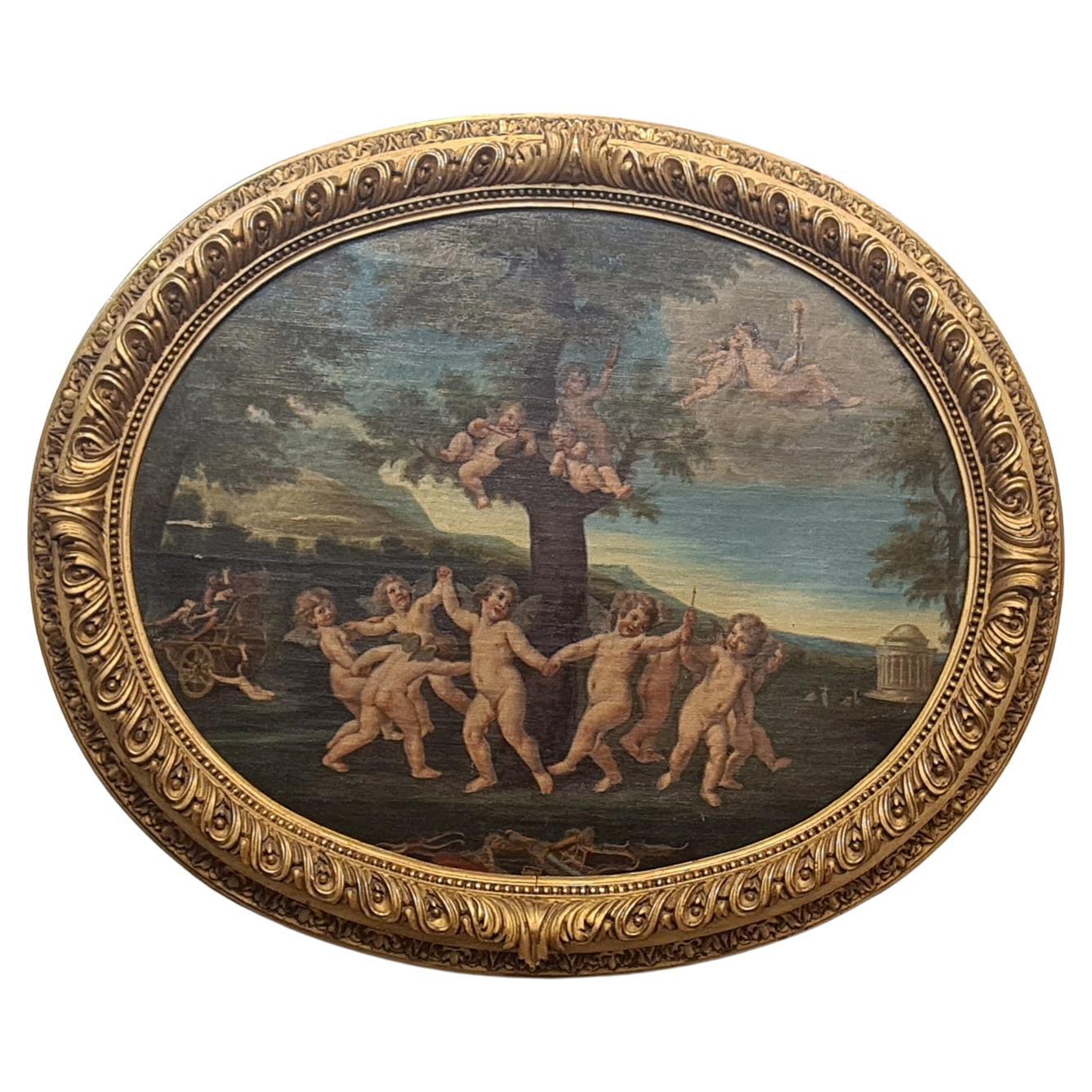 Oil on canvas painting depicting 18th century allegorical scene  19thC For Sale