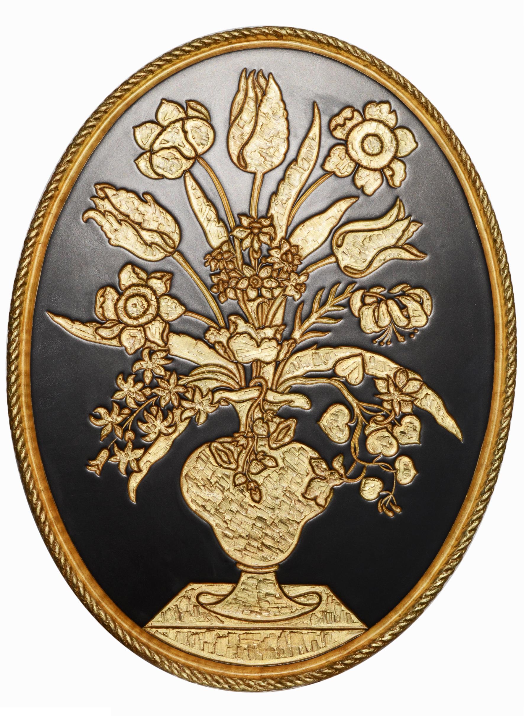 Quadro Ovale in Bassorilievo con Vaso di Fiori e Finitura in Foglia Oro

Elegante e raffinato, questo quadro ovale è un’opera d’arte unica, pronta da appendere e ideale per arricchire qualsiasi ambiente con un tocco di lusso. Il decoro in