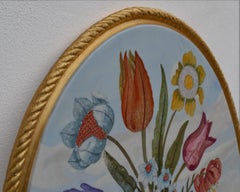 Oval painting, flower inlay in polychrome scagliola and gold leaf, handmade