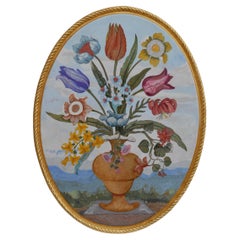 Quadro ovale, intarsio fiori in scagliole policrome e foglia oro, fatto a mano