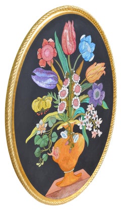 Ovale noir incrusté de fleurs et de feuilles d'or fait à la main par Cupioli Italie
