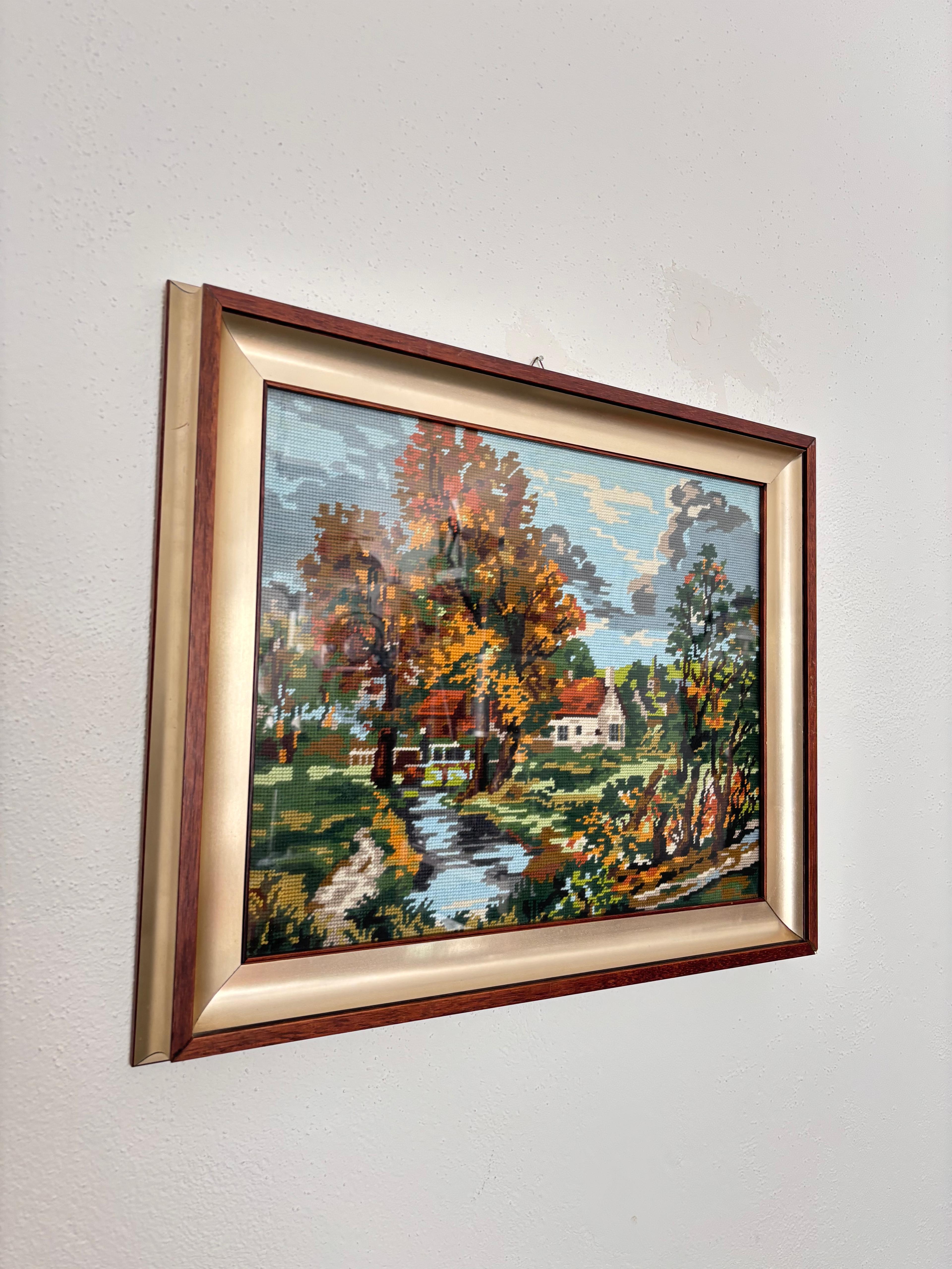 Late 20th Century Handcrafted crocheted autumn landscape painting For Sale