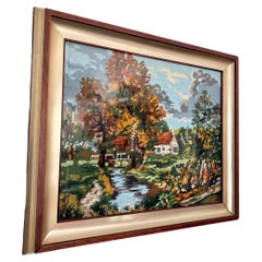 Handcrafted crocheted autumn landscape painting