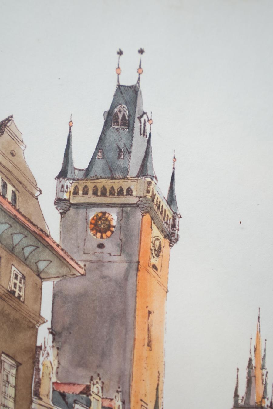 Peinture Prague, place de la Vieille Ville, feuille d'or. 1970-1980 en vente 4