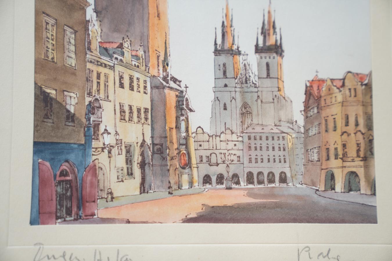Late 20th Century Prague painting, Old Town Square, gold leaf. 1970-1980 For Sale
