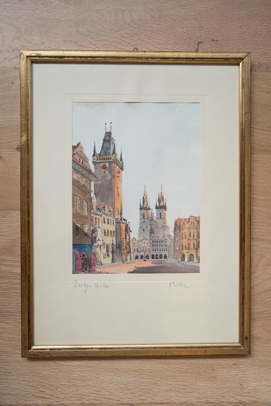 Glass Prague painting, Old Town Square, gold leaf. 1970-1980 For Sale