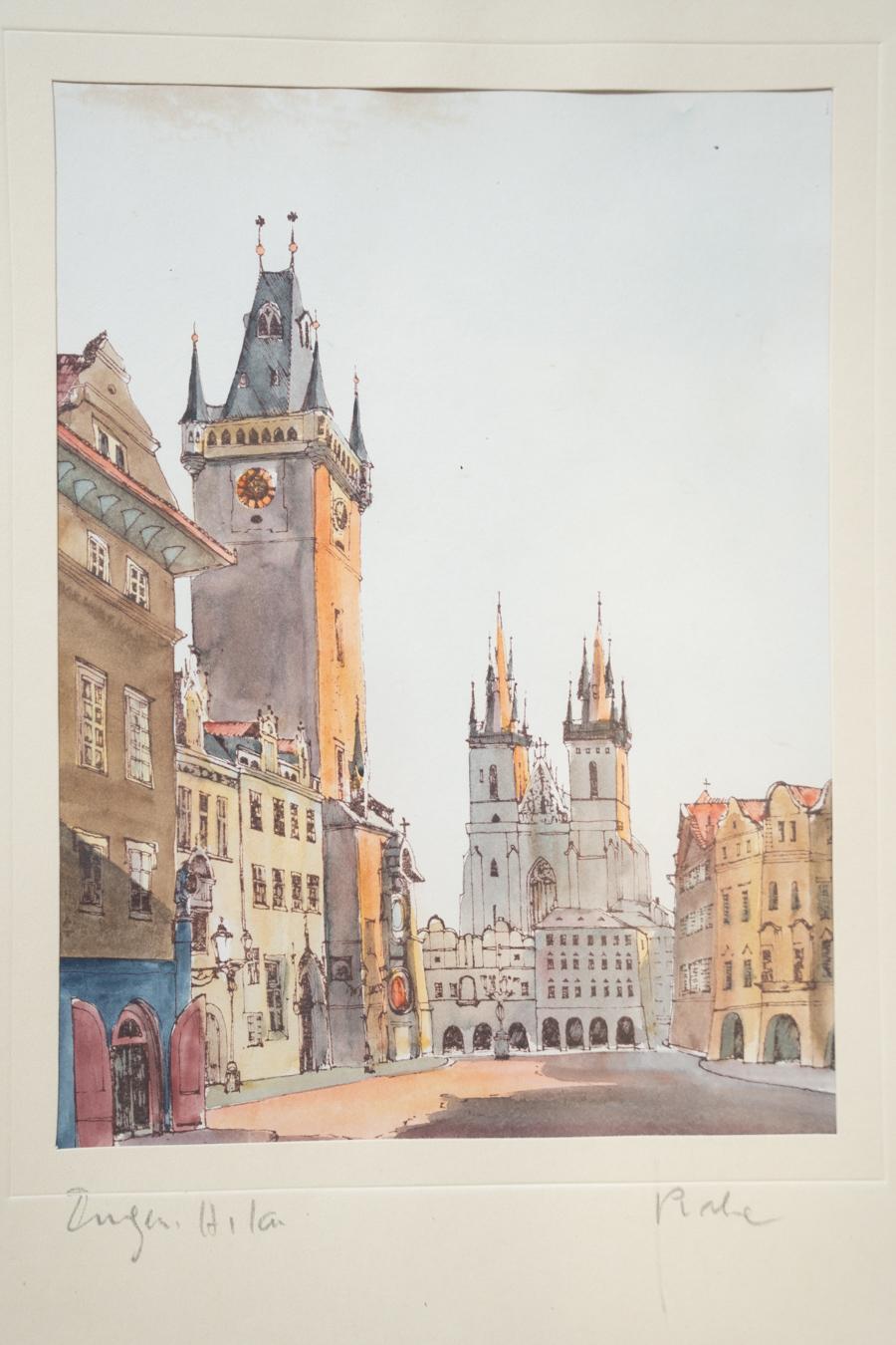 Peinture Prague, place de la Vieille Ville, feuille d'or. 1970-1980 en vente 1