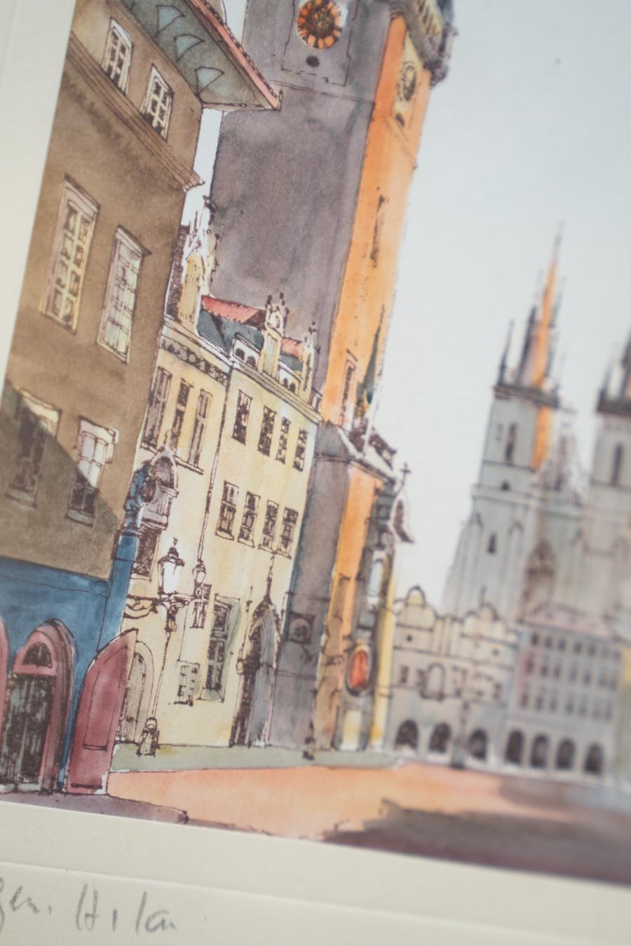 Peinture Prague, place de la Vieille Ville, feuille d'or. 1970-1980 en vente 2