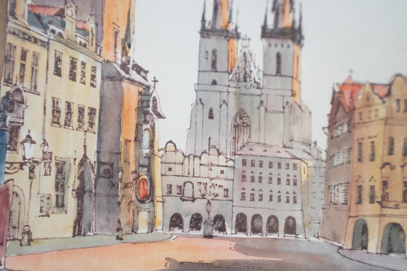 Peinture Prague, place de la Vieille Ville, feuille d'or. 1970-1980 en vente 3