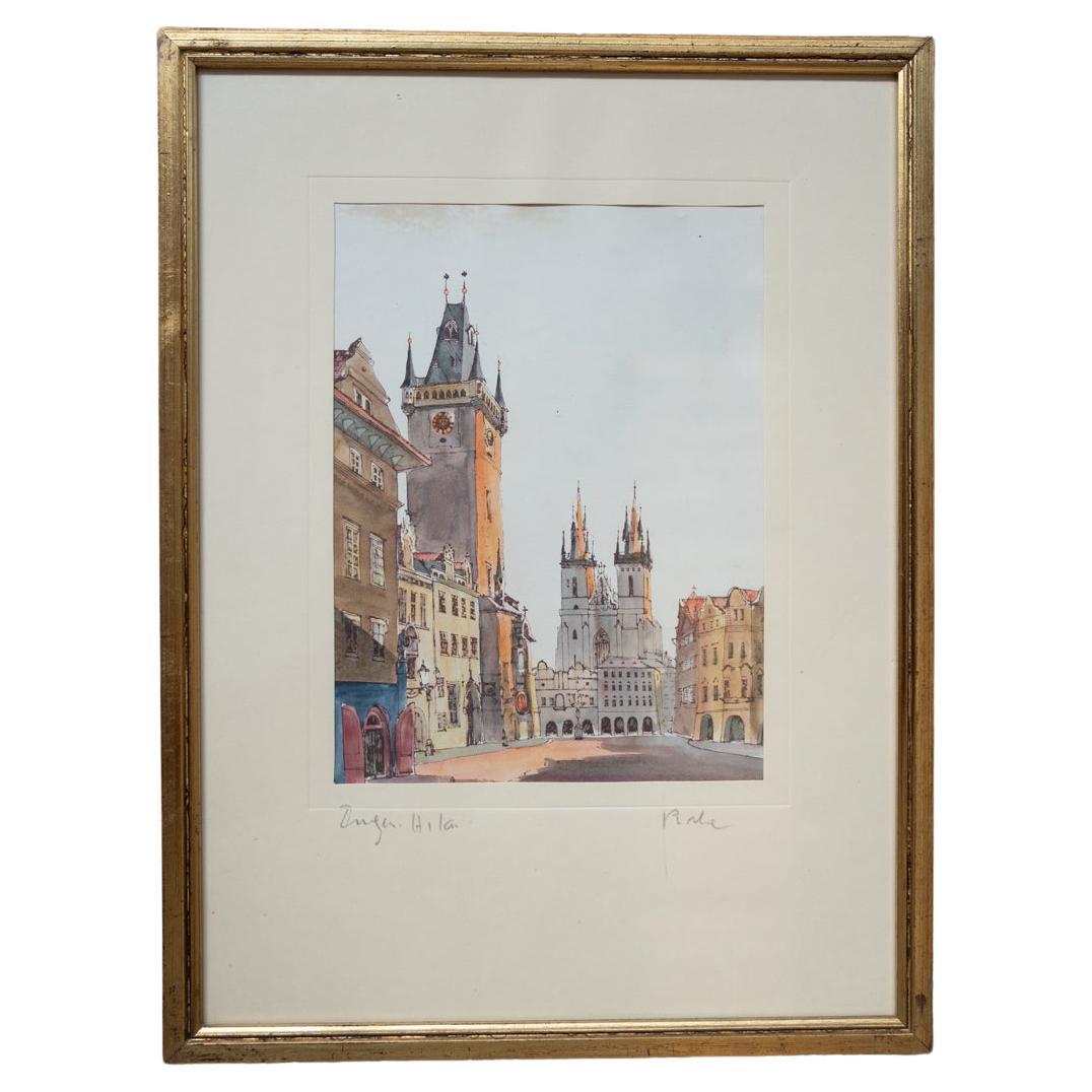 Prague painting, Old Town Square, gold leaf. 1970-1980 For Sale