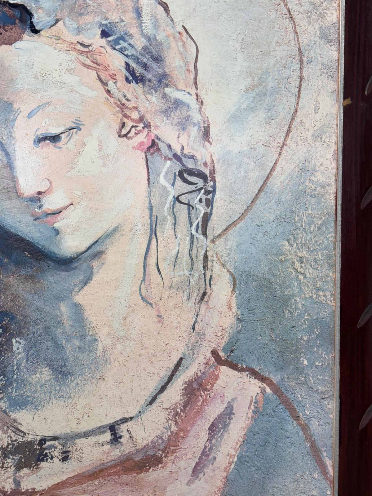 Italian Quadro primo piano di Donna tecnica mista su legno in vendita