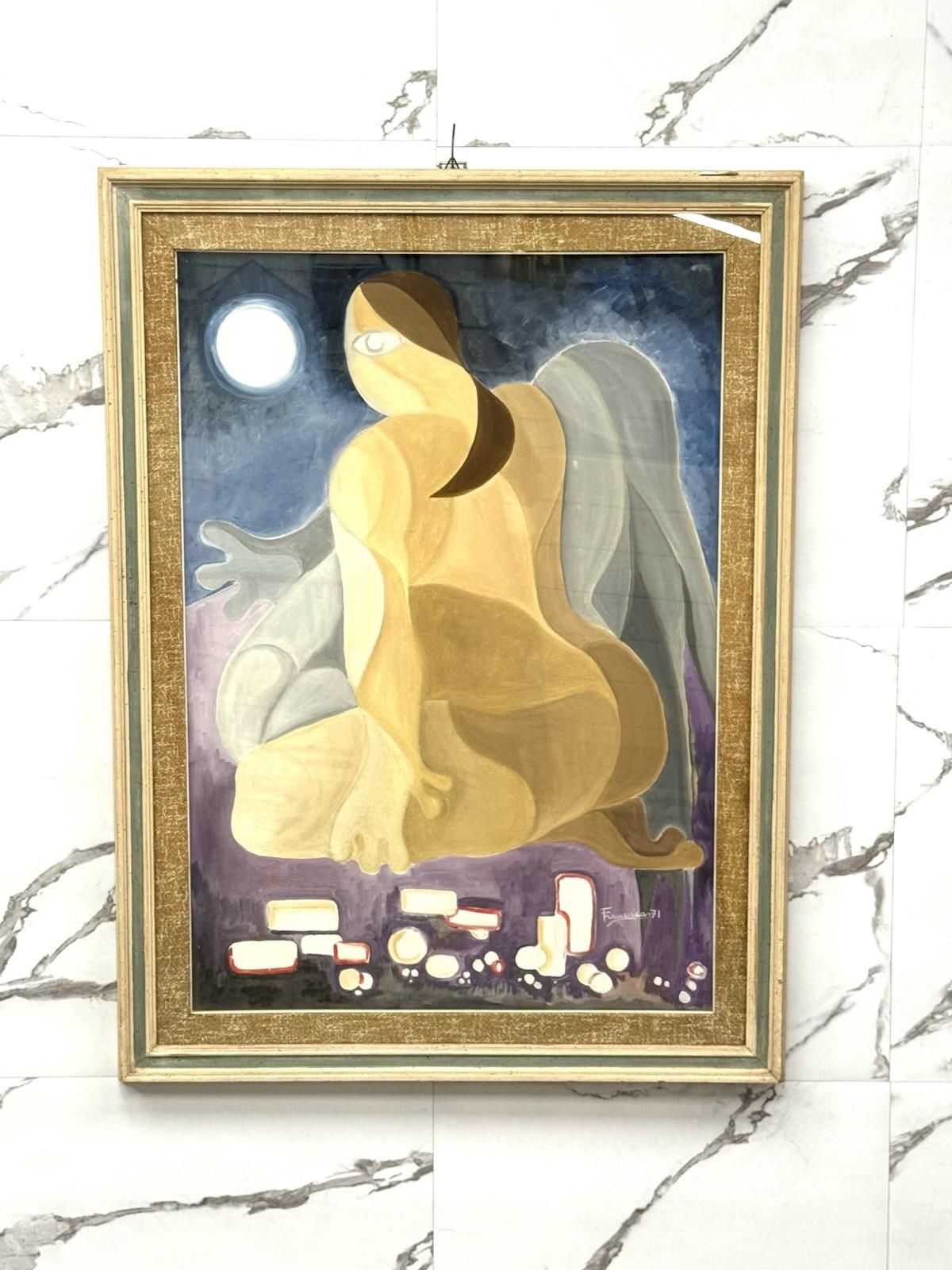 Opera figurativa del 1971 ispirata al linguaggio cubista di Pablo Picasso. La scena rappresenta un nudo femminile visto di spalle, seduto in una posa monumentale, con una figura grigia in trasparenza sullo sfondo che suggerisce un doppio, un