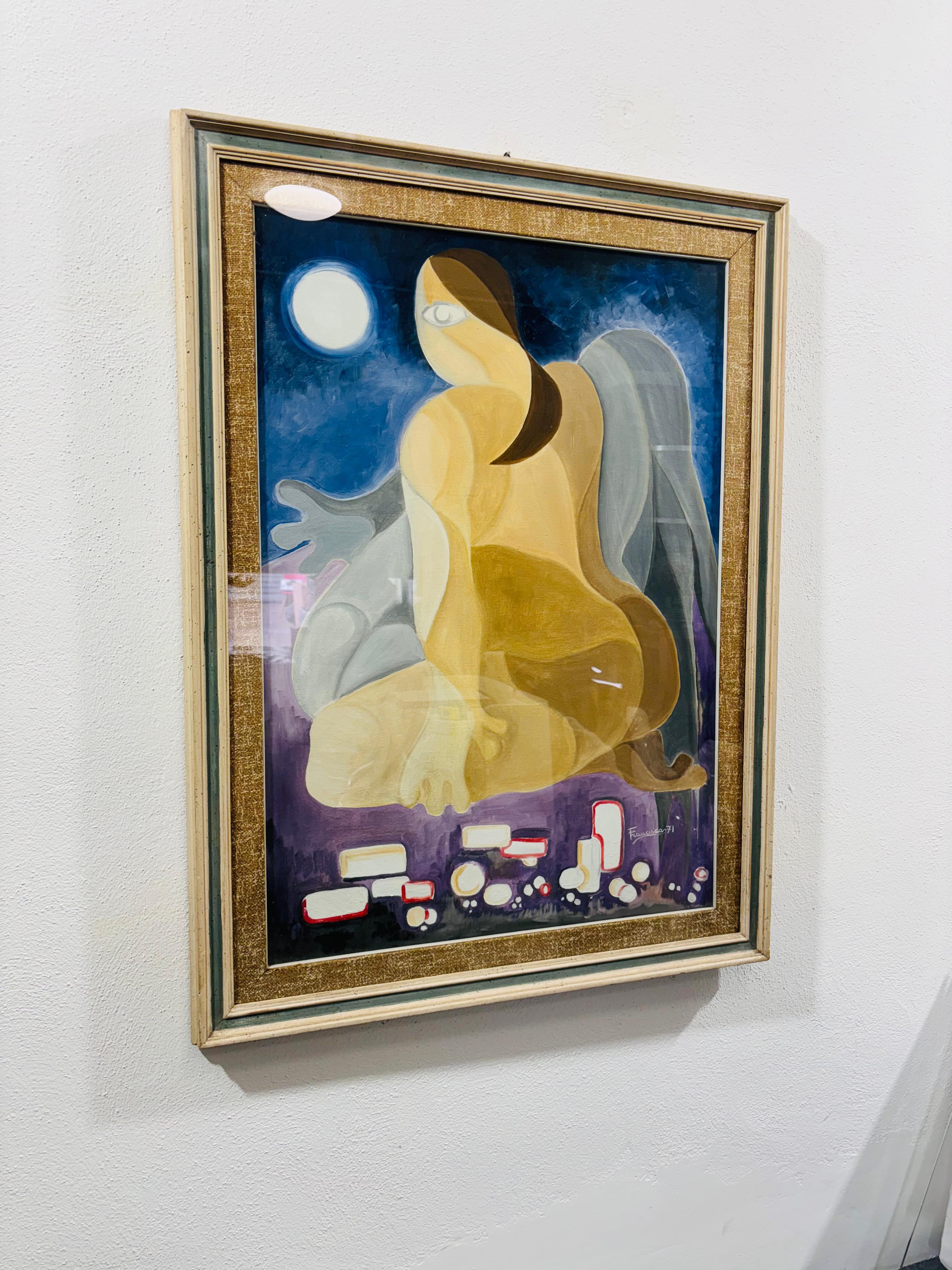 Italian Painting Retro Nude of Woman inspired by Picasso 1971 For Sale