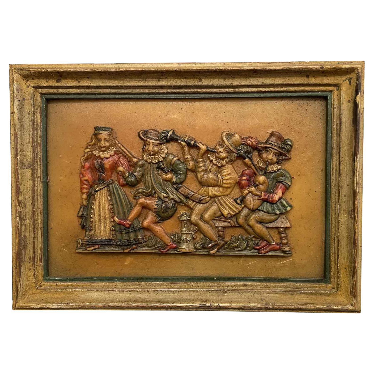 Deutsche polychrome Wachsmalerei 19. Jahrhundert mit tanzenden Figuren von Musikern im Angebot