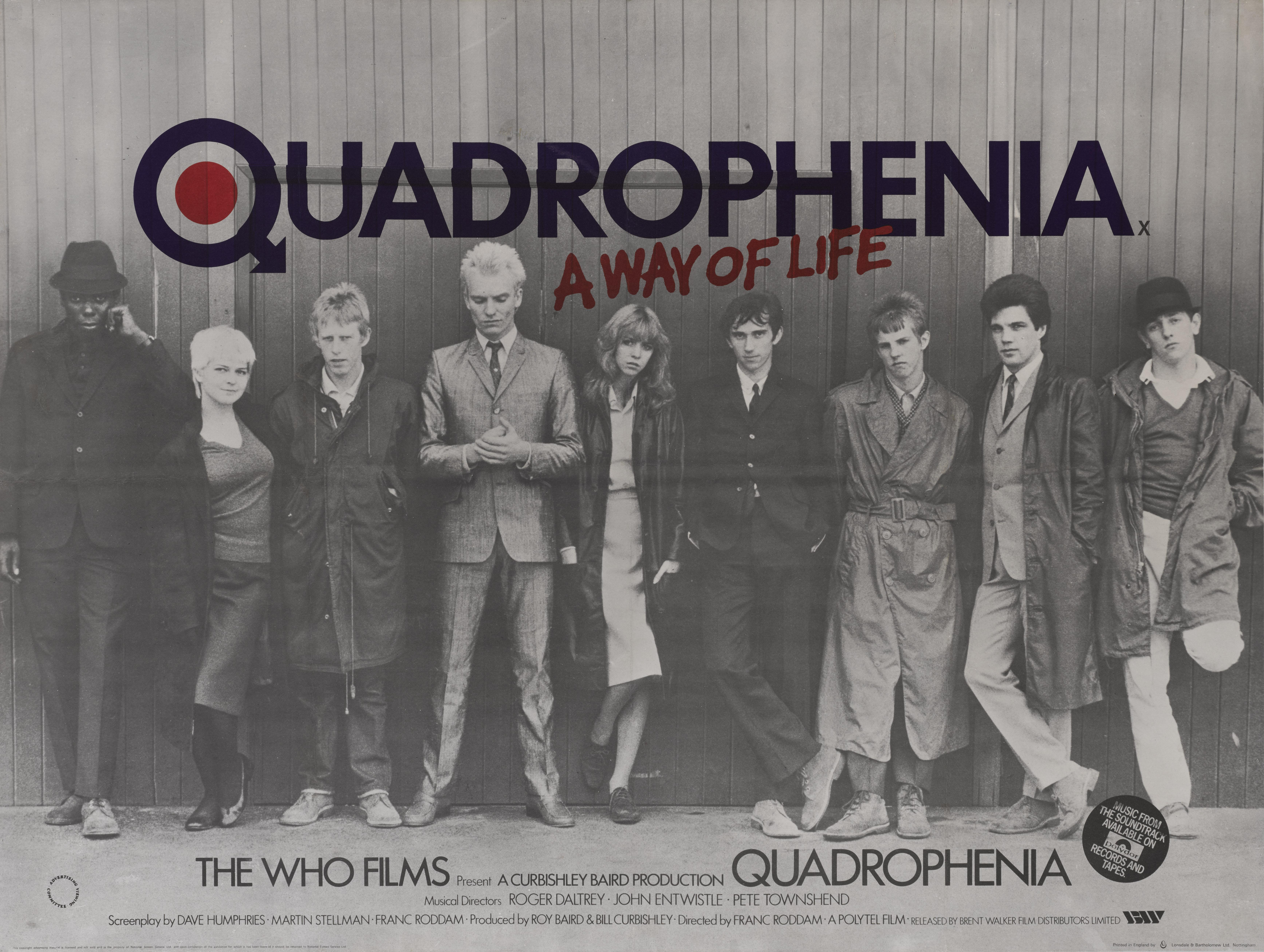 Original British film poster for the 1979 film Quadrophenia.
This film was Franc Roddam's feature film Directional debut. It is set in 1964 and follows Jimmy (Phil Daniels), a mod from London, who breaks free from his boring life and annoying