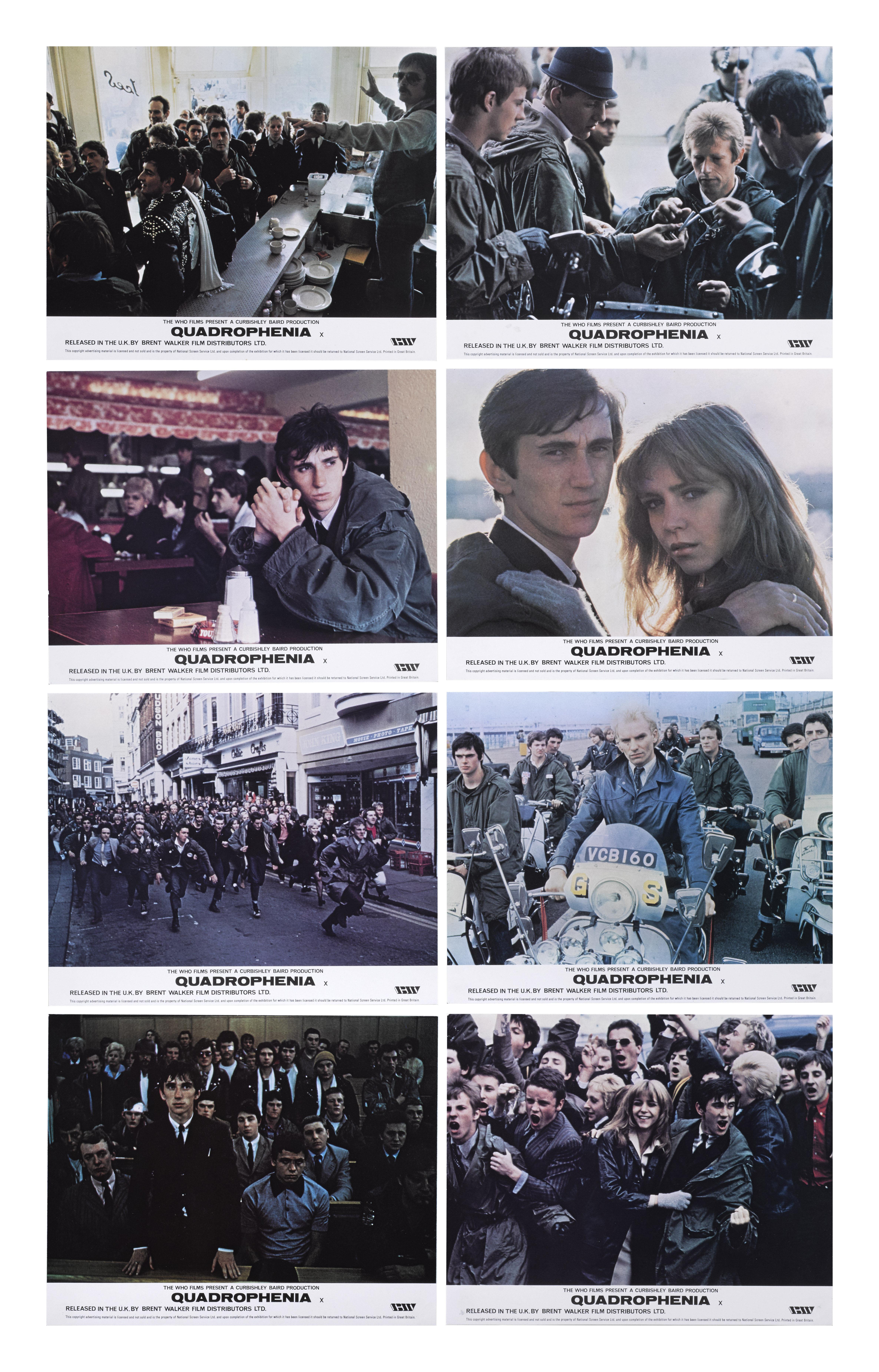 Série arrière originale de 8 photos britanniques pour le film Quadrophenia (1979).
Ce film est le premier long métrage de Franc Roddam en tant que Directional. L'action se déroule en 1964 et suit Jimmy (Phil Daniels), un mod londonien, qui
