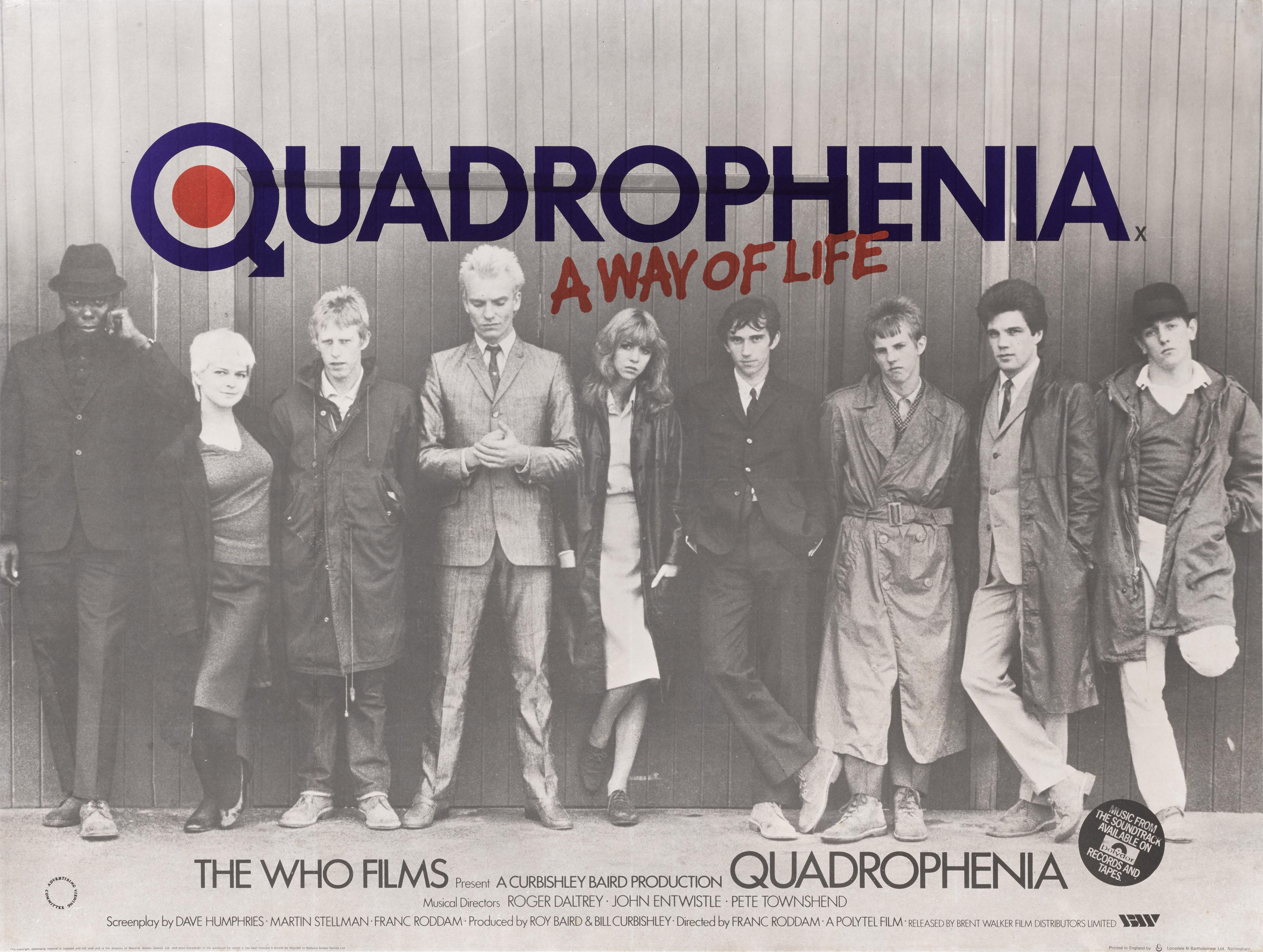 Poster cinematografico originale britannico del film Quadrophenia del 1979.
Questo film è stato il debutto alla regia di Franc Roddam. Il film è ambientato nel 1964 e segue Jimmy (Phil Daniels), un mod di Londra, che si libera dalla sua vita noiosa