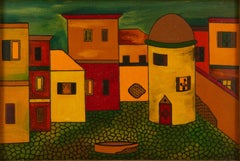 Quaelio Landschaft Öl auf Platte "Bunte Stadt"
