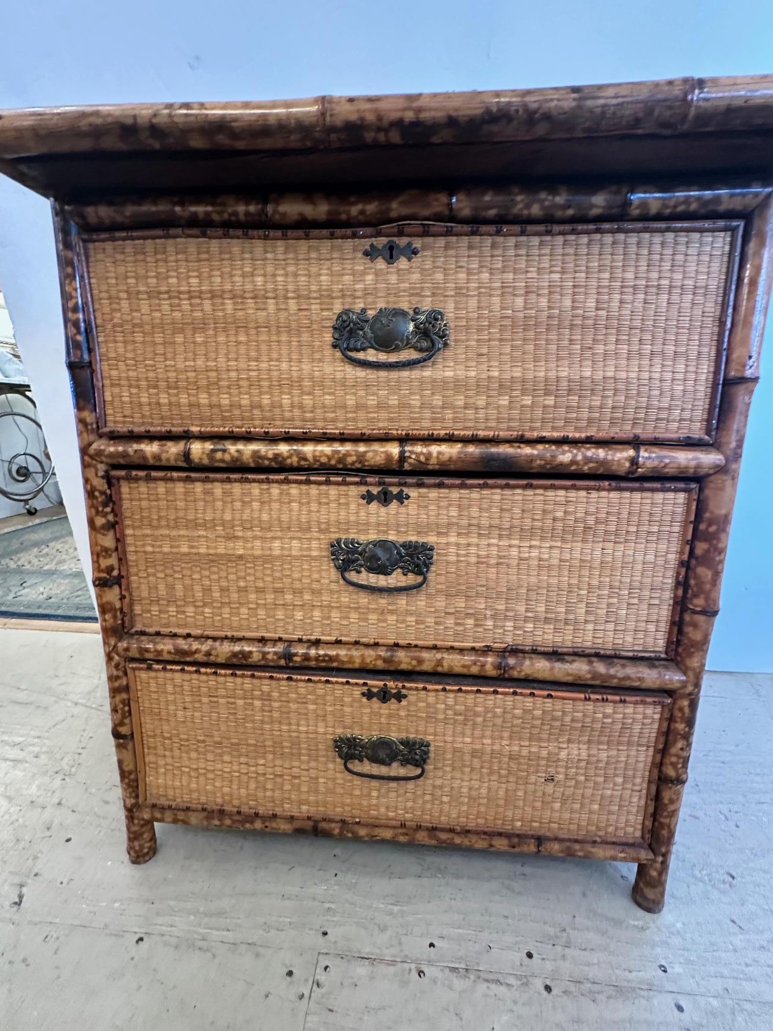 Late 20th Century Quaint Bamboo & Rattan Small Chest of Drawers For Sale