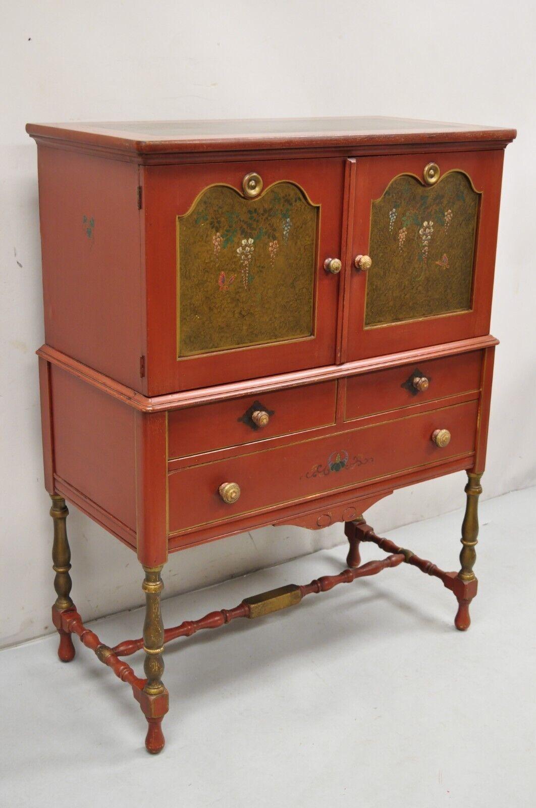 Quaint Furniture Stickley Bros Small Red Painted Colonial Style Cupboard Cabinet.  Es handelt sich um ein schönes, kleineres Exemplar, mit originalen Farbdetails, 3 Schubladen mit Schwalbenschwänzen, originalem Label, sehr 