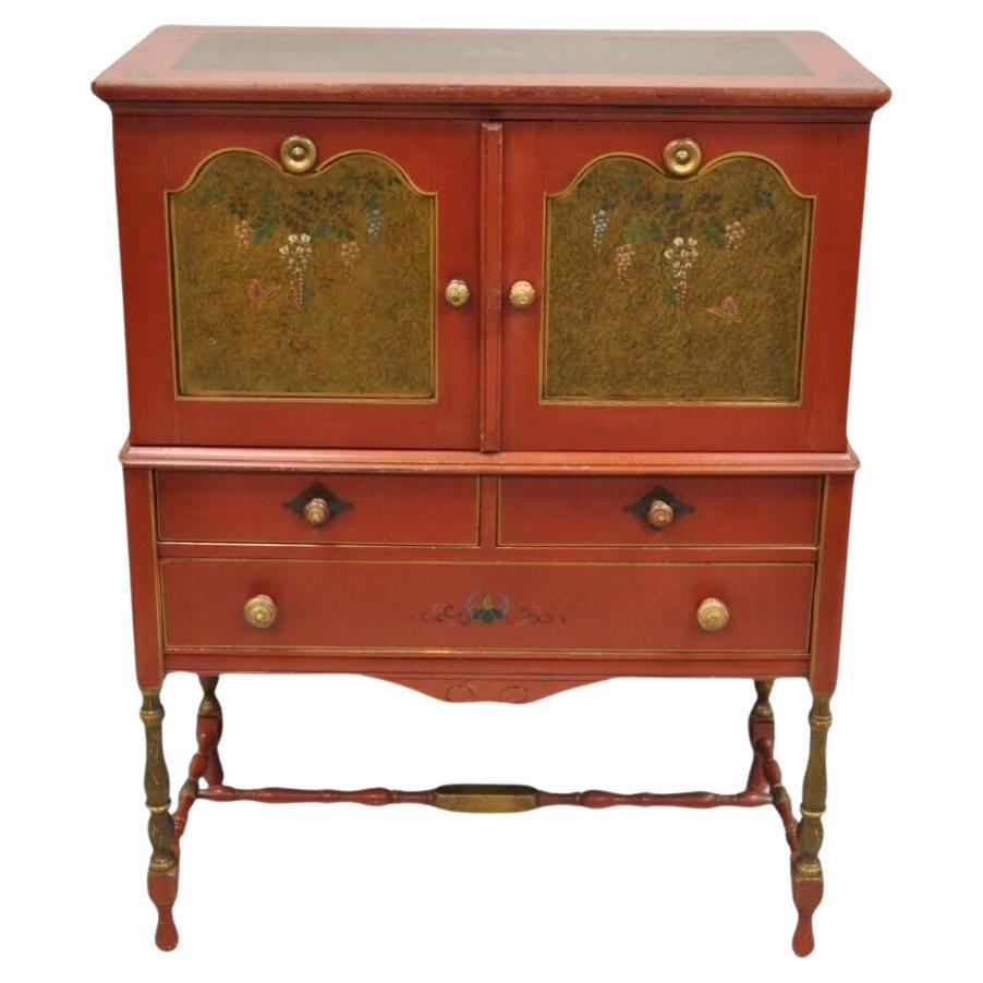 Quaint Furniture Stickley Bros Small Red Painted Colonial Style Cupboard Cabinet For Sale