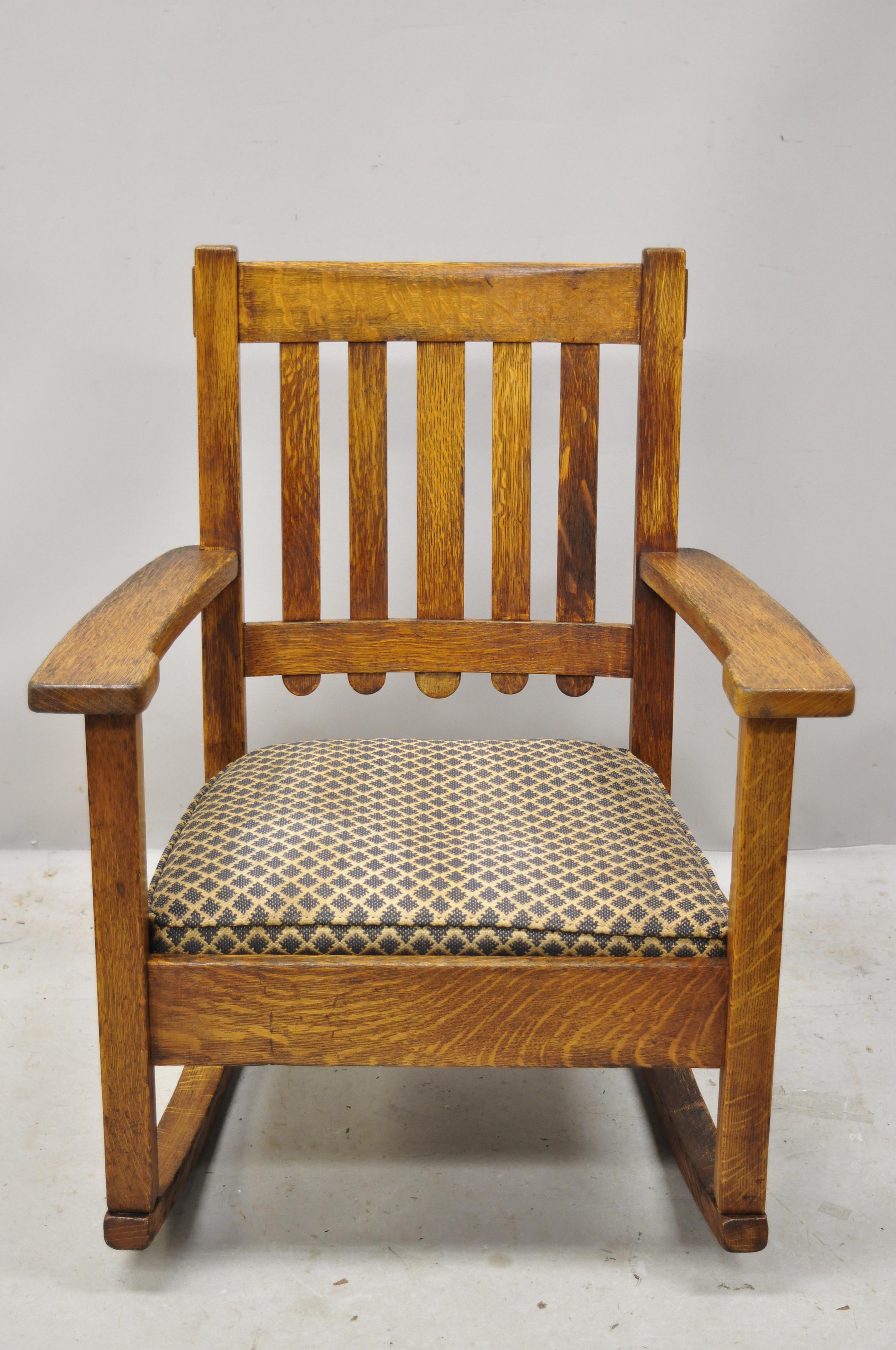 Quaint furniture Stickley Brothers slat back mission oak Arts & Crafts rocker rocking chair. Item features a drop seat, solid wood construction, beautiful wood grain, original label, very nice antique item, quality American craftsmanship, great