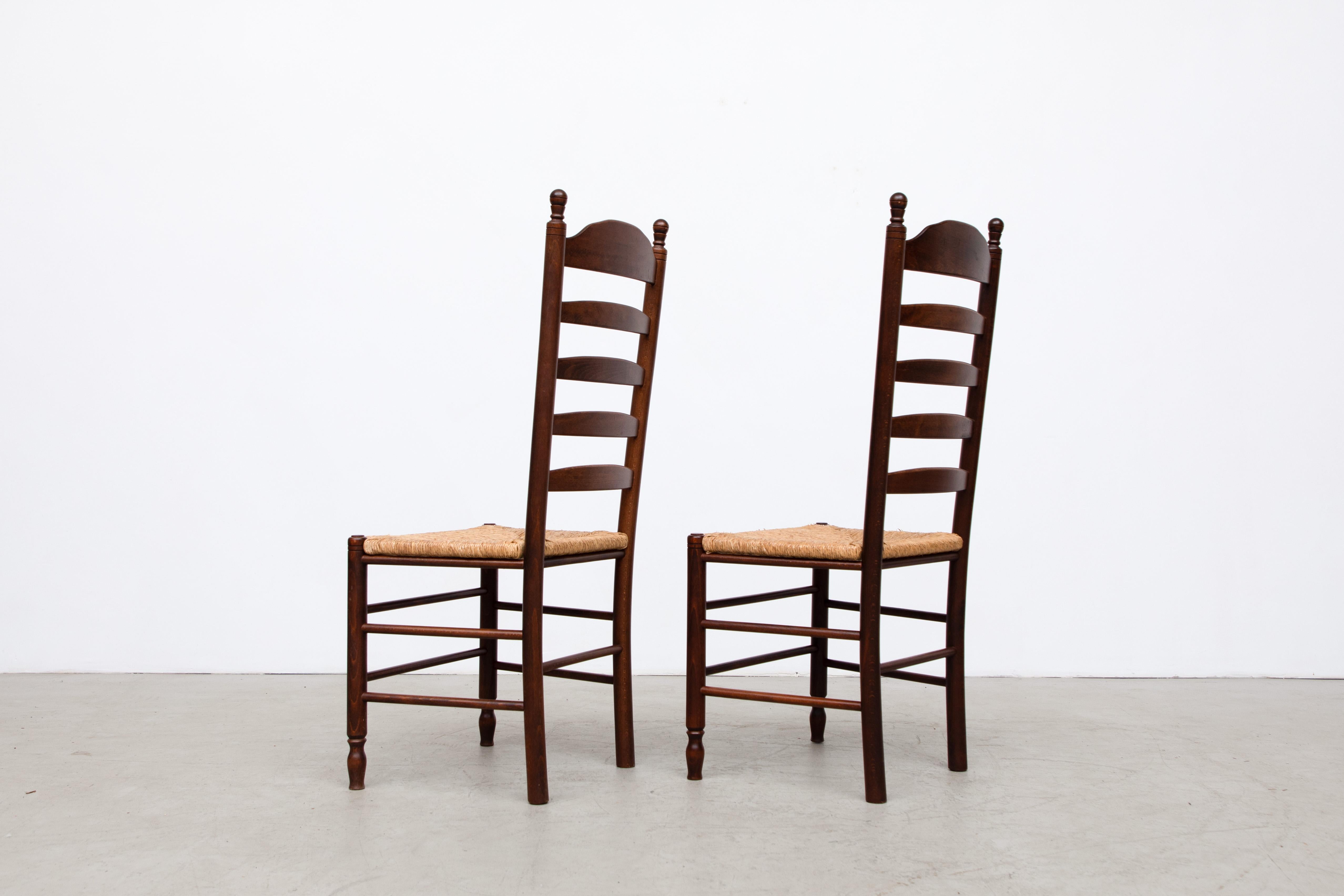 Mid-Century Modern Quaker Style Ladder Back Dining Chairs with Rush Seats