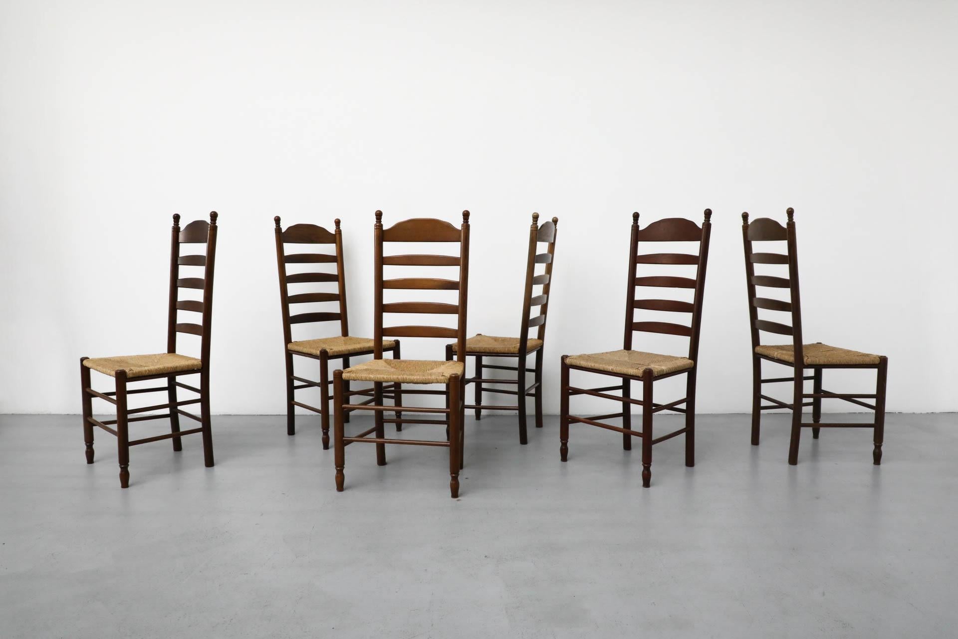 Arts and Crafts Quaker Style Tall Ladder Back Dining Chairs with Hand-Woven Rush Seats