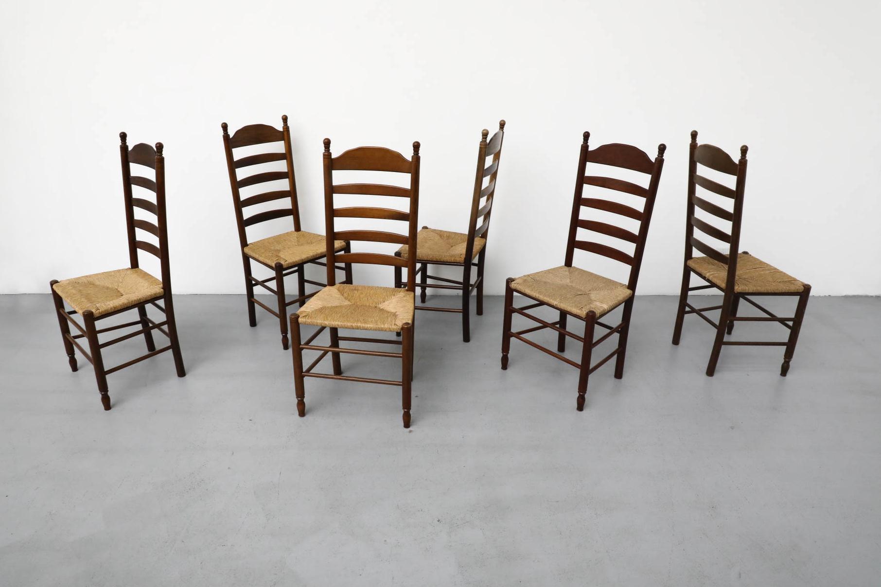 Dutch Quaker Style Tall Ladder Back Dining Chairs with Hand-Woven Rush Seats
