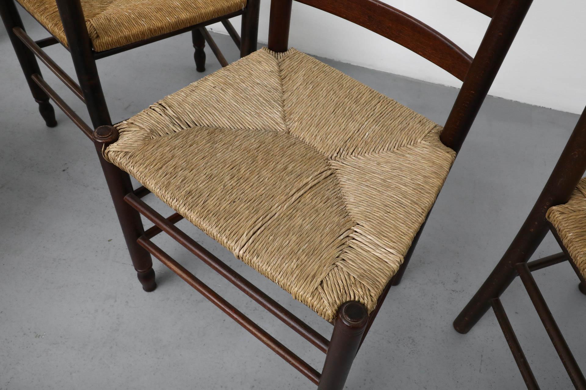 20th Century Quaker Style Tall Ladder Back Dining Chairs with Hand-Woven Rush Seats