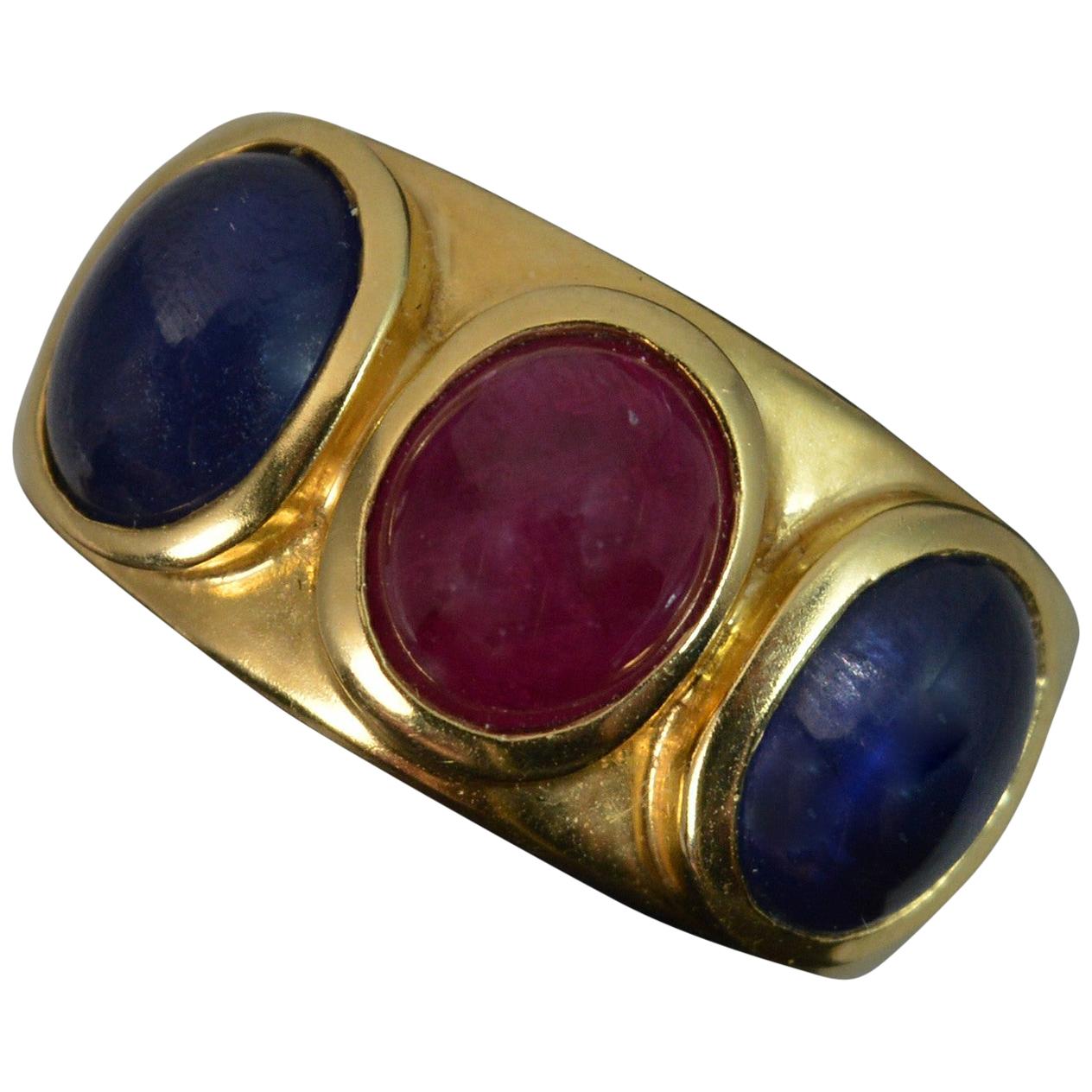 Quality 18 Carat Gold Ruby and Sapphire Cabochon Trilogy Band Ring
