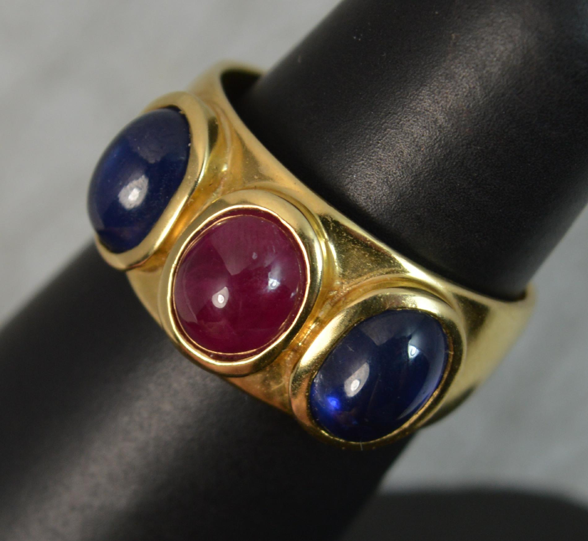 Quality 18 Carat Gold Ruby and Sapphire Cabochon Trilogy Band Ring 5