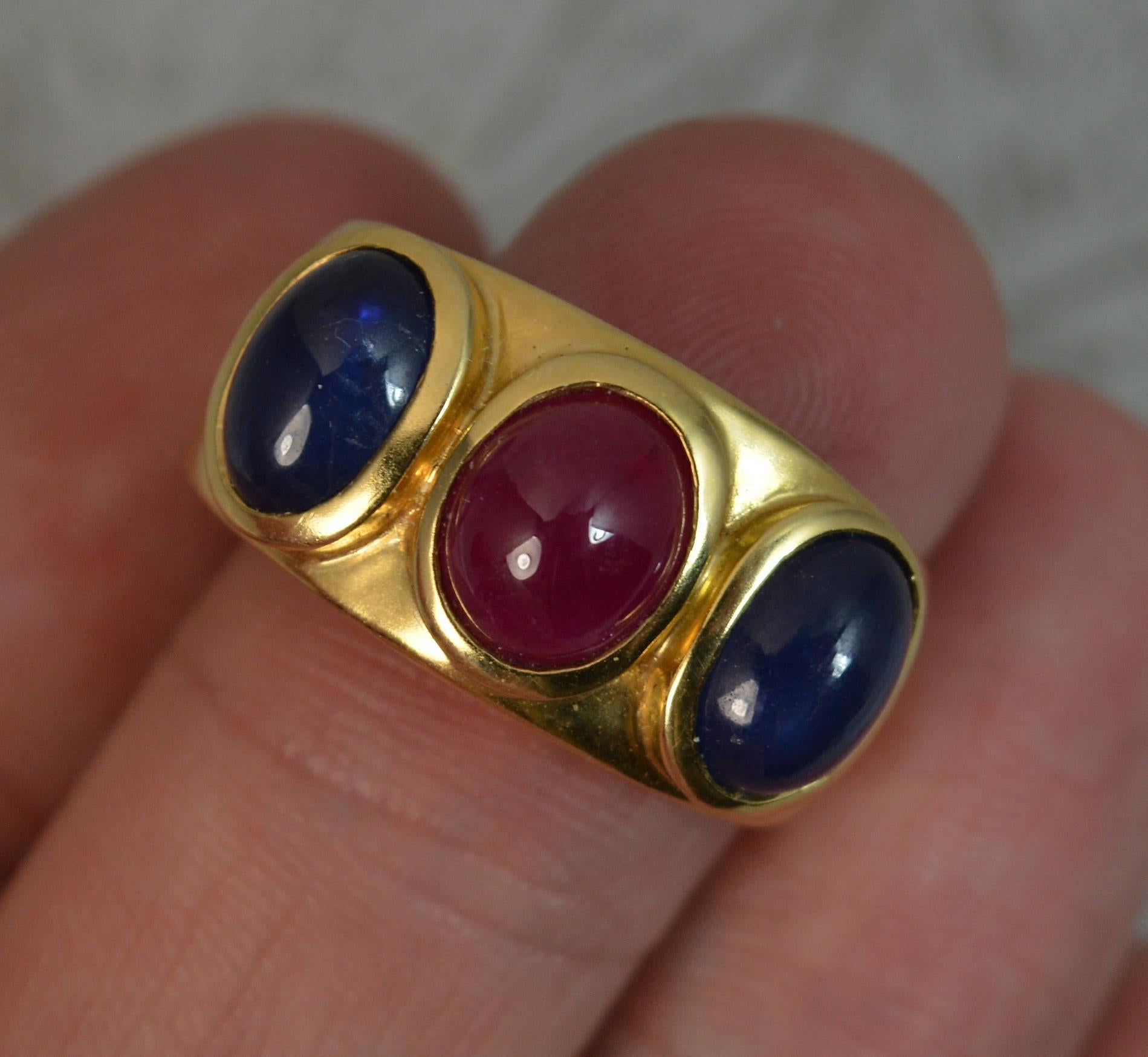 Retro Quality 18 Carat Gold Ruby and Sapphire Cabochon Trilogy Band Ring
