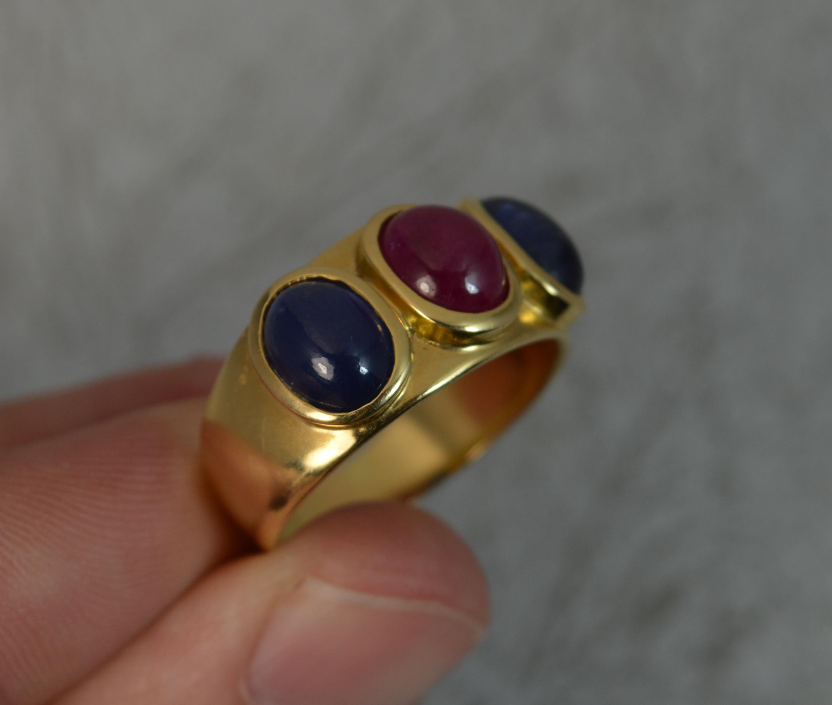 Women's Quality 18 Carat Gold Ruby and Sapphire Cabochon Trilogy Band Ring