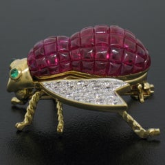 Quality 18k Gold 7.28ctw Invisible Set Ruby & Diamond Emerald Bee Fly Brooch Pin