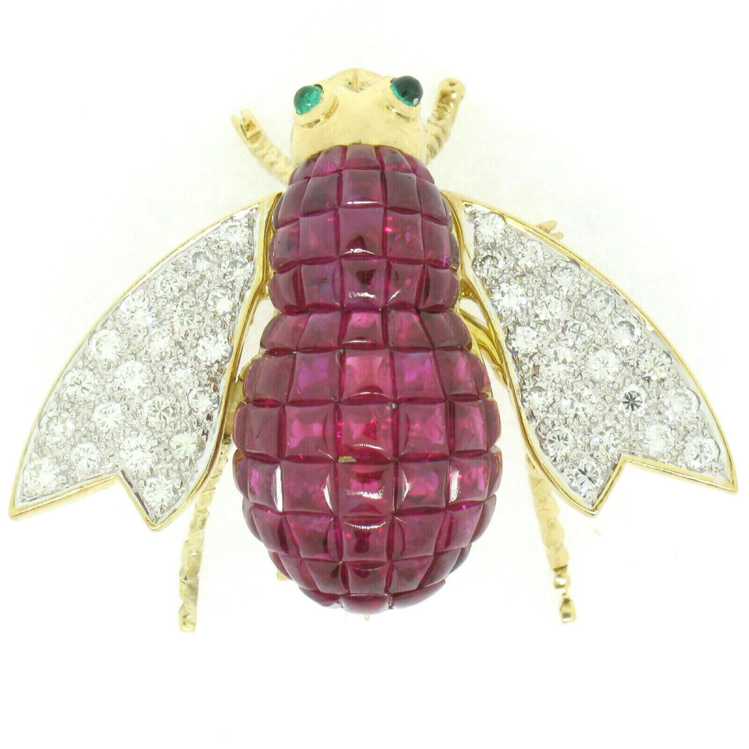 Square Cut Quality 18k Gold 7.28ctw Invisible Set Ruby & Diamond Emerald Bee Fly Brooch Pin