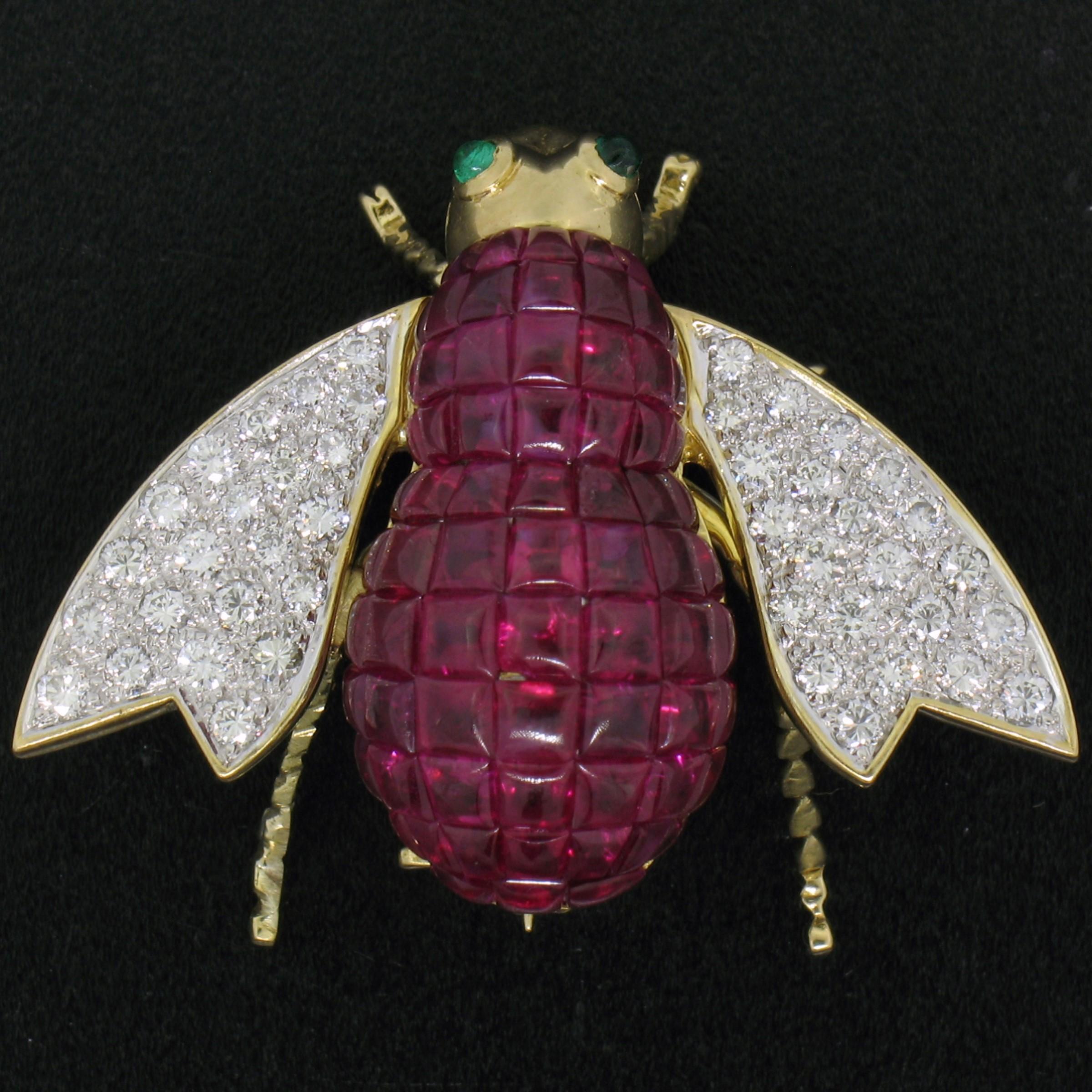Quality 18k Gold 7.28ctw Invisible Set Ruby & Diamond Emerald Bee Fly Brooch Pin In Good Condition In Montclair, NJ