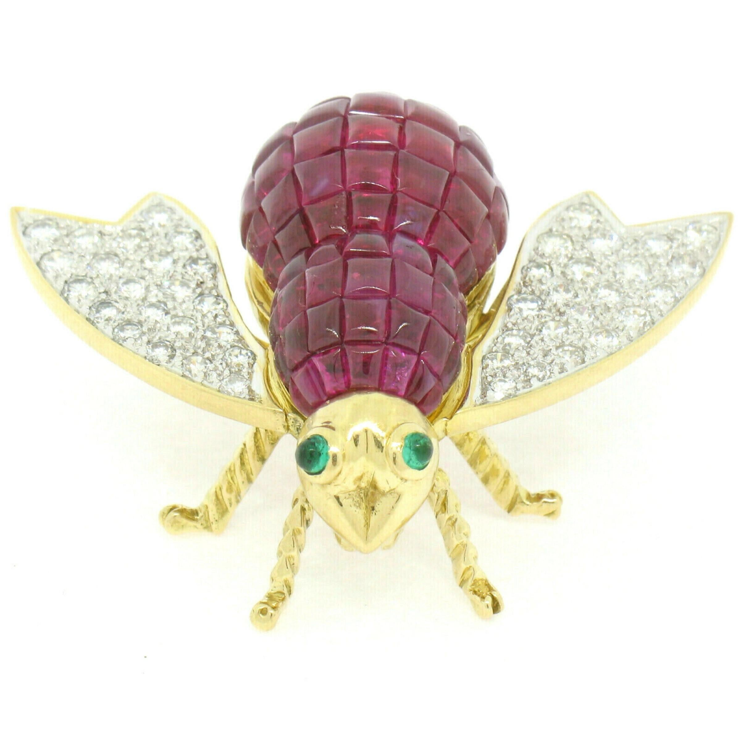 Women's Quality 18k Gold 7.28ctw Invisible Set Ruby & Diamond Emerald Bee Fly Brooch Pin