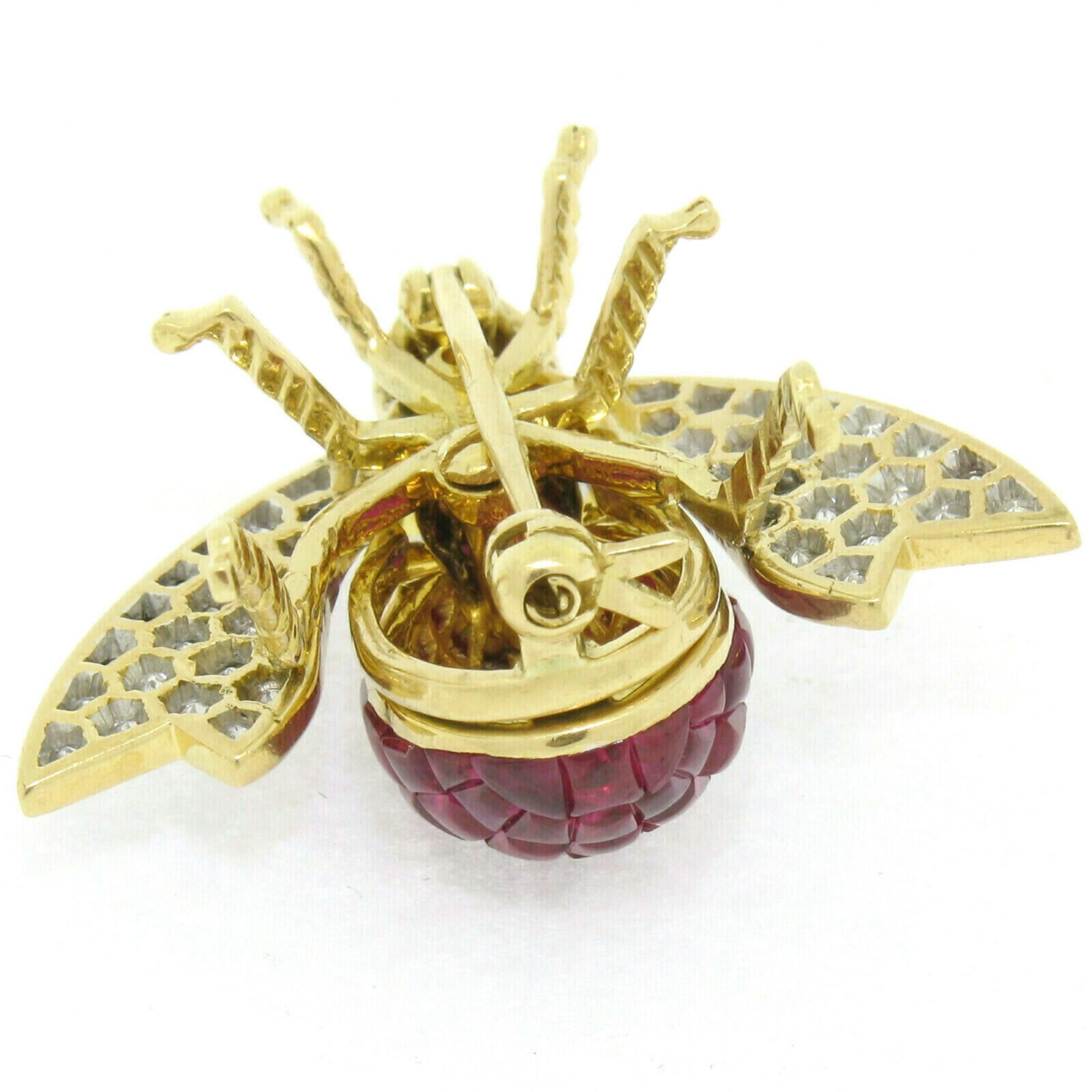 Quality 18k Gold 7.28ctw Invisible Set Ruby & Diamond Emerald Bee Fly Brooch Pin 1