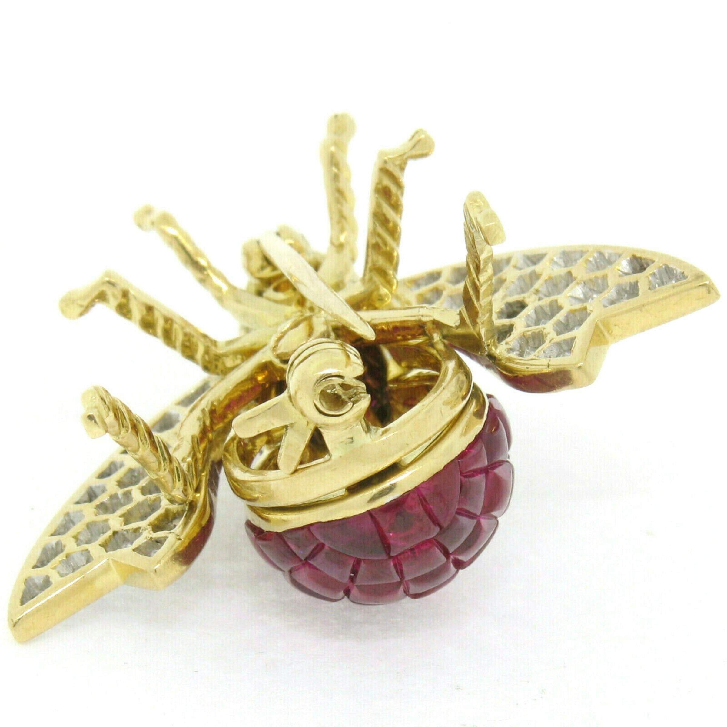 Quality 18k Gold 7.28ctw Invisible Set Ruby & Diamond Emerald Bee Fly Brooch Pin 2