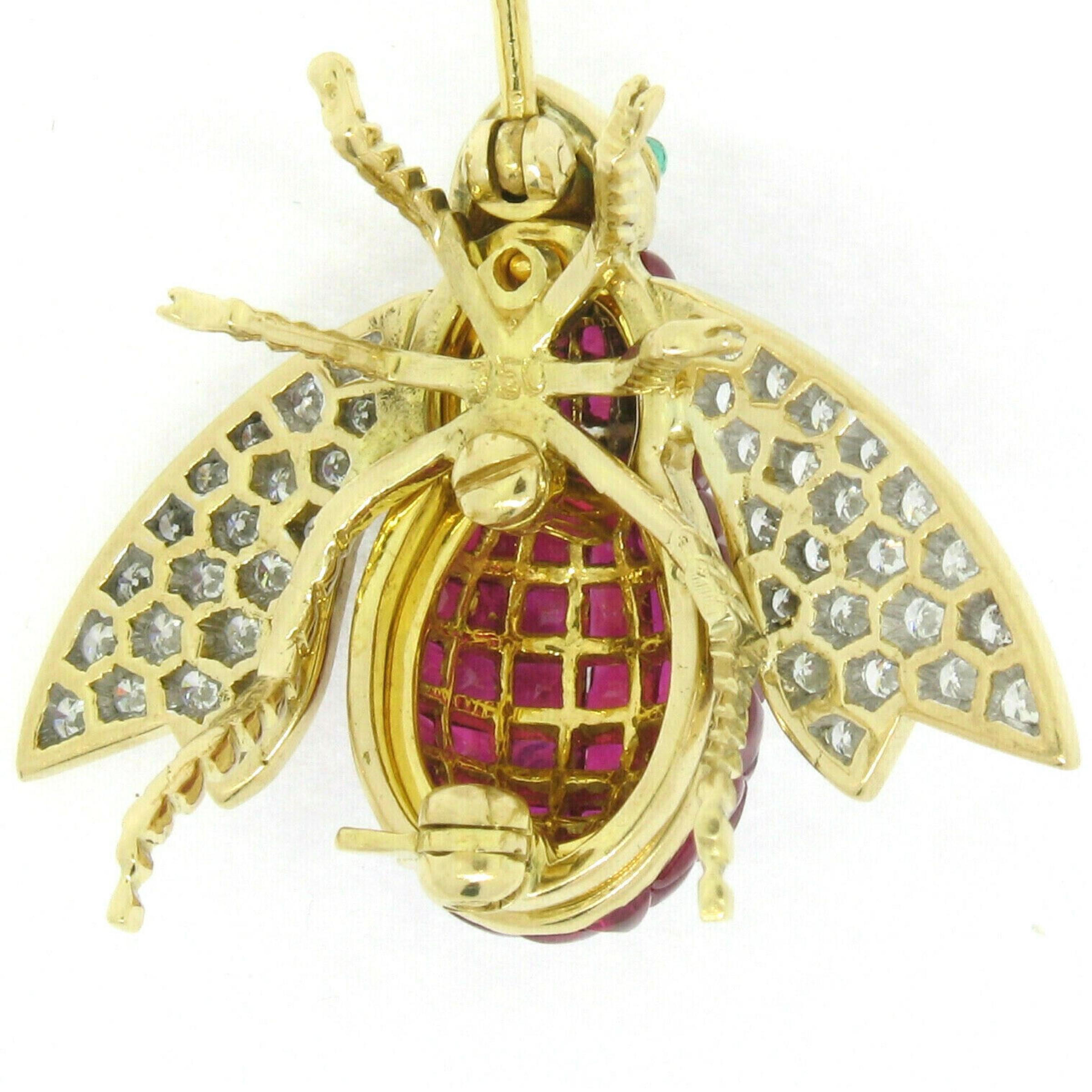 Quality 18k Gold 7.28ctw Invisible Set Ruby & Diamond Emerald Bee Fly Brooch Pin 3