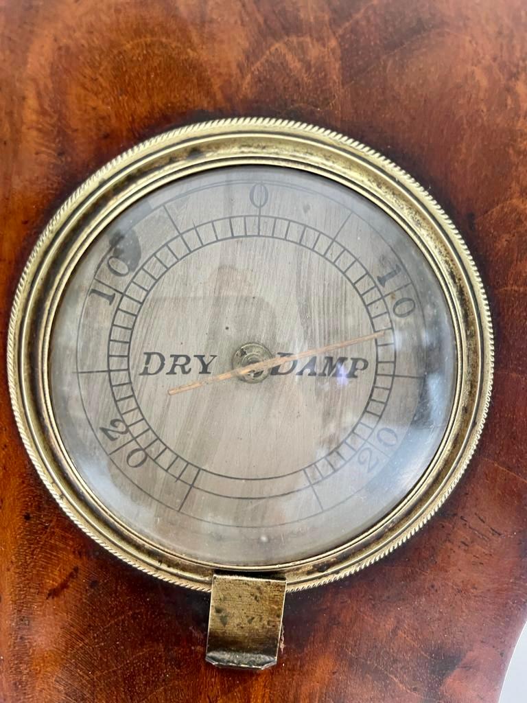 Quality 18th century antique Georgian banjo barometer having a swan neck pediment with a quality shaped figured mahogany case. It boasts an 11 inch silvered engraved dial with original hands, thermometer, fitted hygrometer and original bone setting