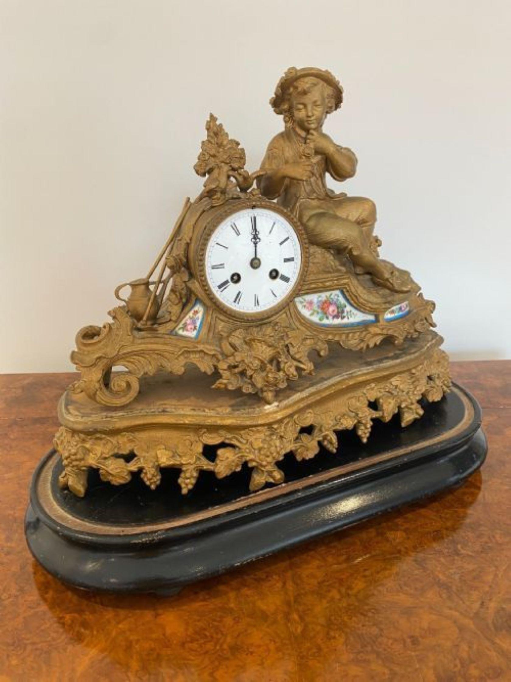 Quality 19th century French Louis XVI ormolu and porcelain mantel clock, the case cast as a seated farm boy with floral rimmed hat, holding a single rose, by a pair of Doves, rake, pick and watering can, white enamel dial, bold Roman numerals, eight