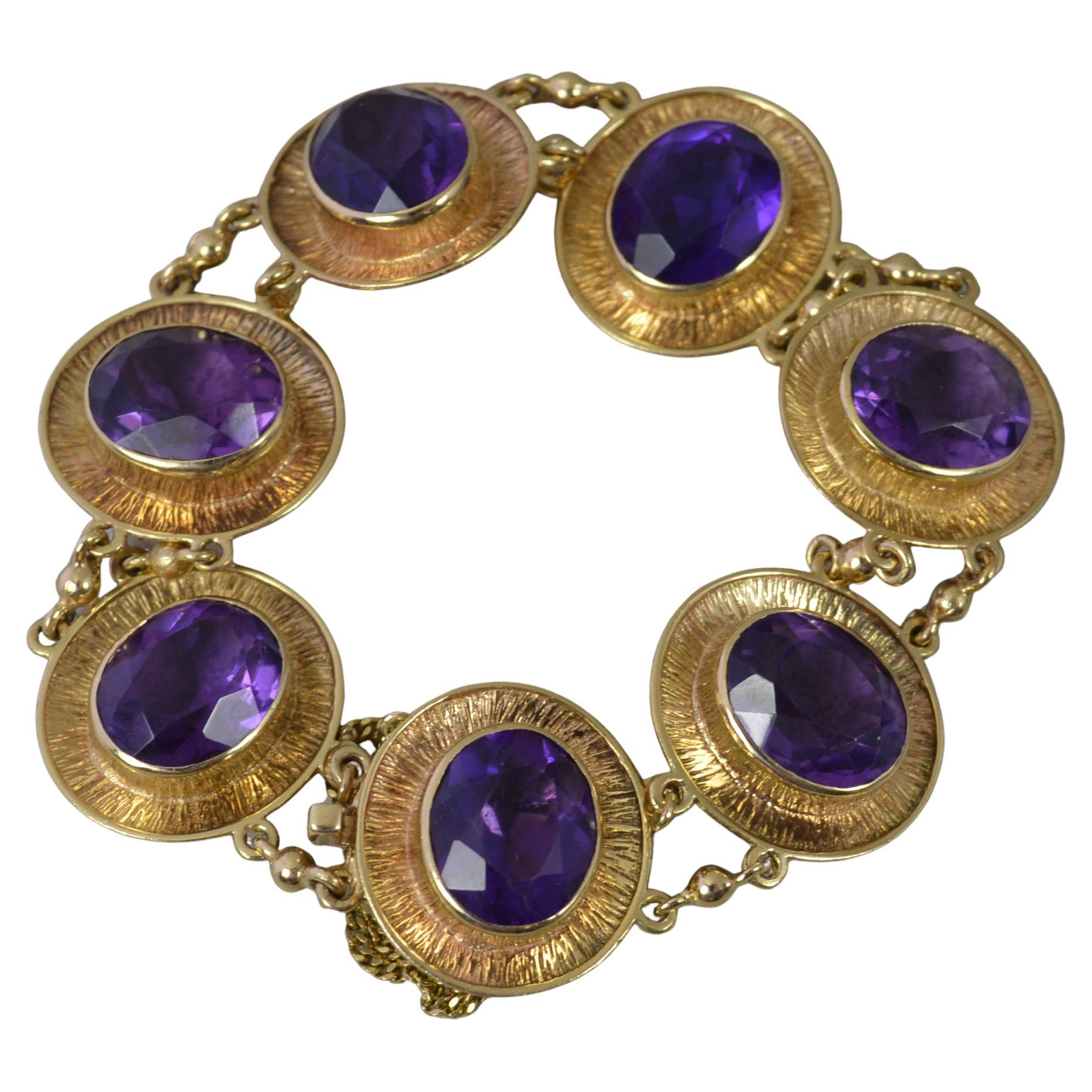 Quality 9 Carat Gold and Amethyst 6" Long Statement Bracelet For Sale