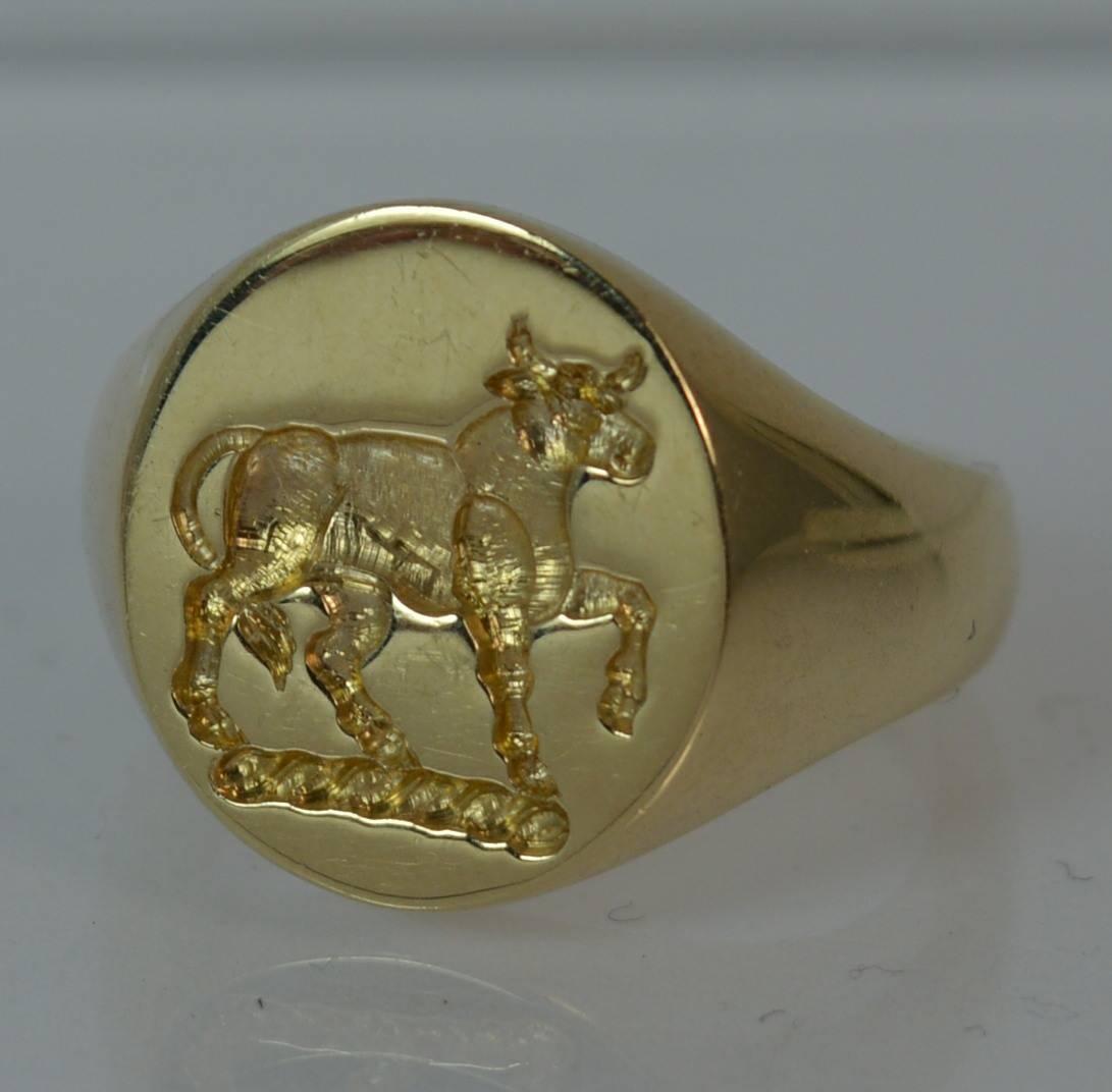 Quality 9 Carat Gold Prancing Bull Intaglio Seal Signet Ring 3