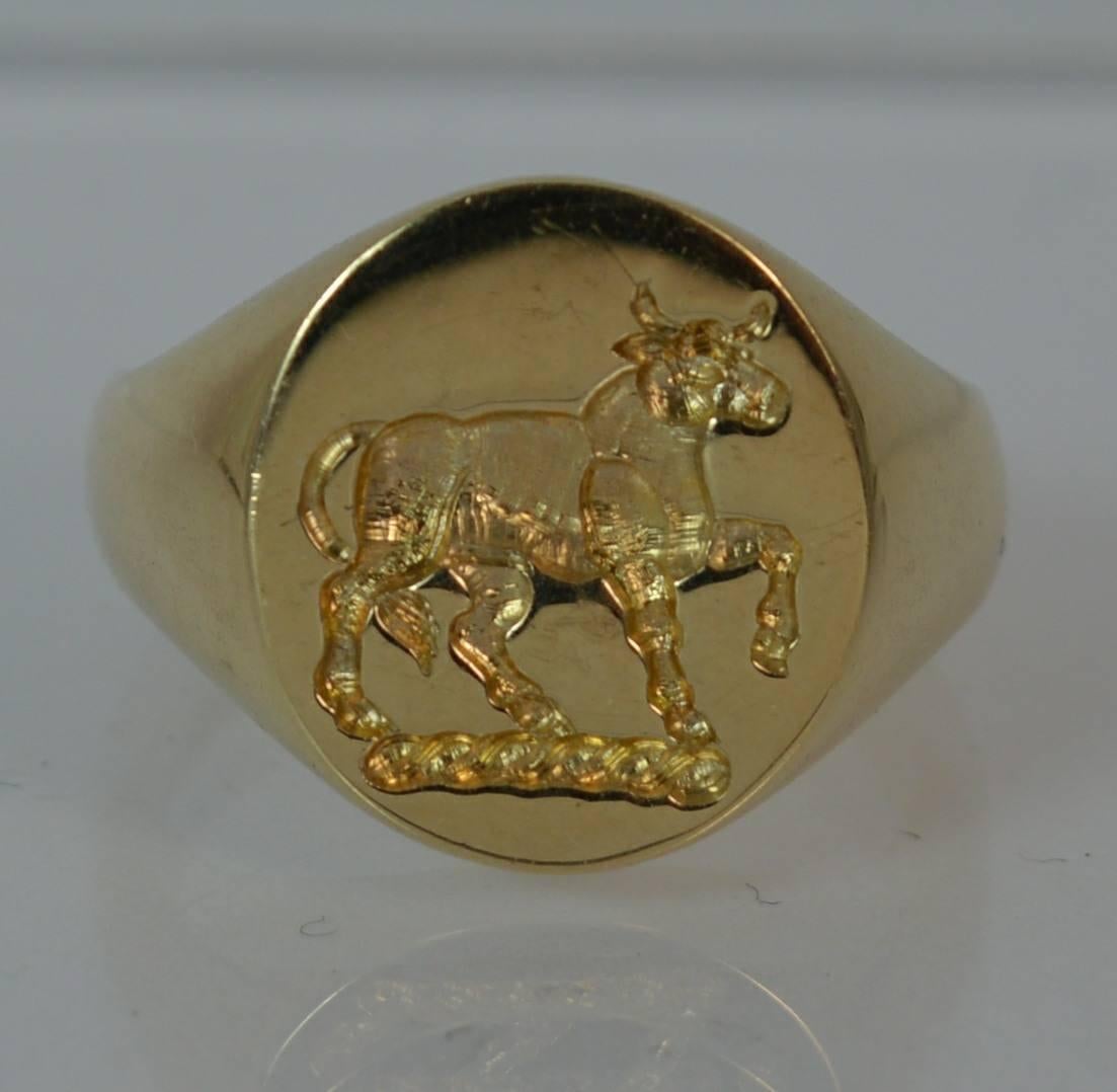 Quality 9 Carat Gold Prancing Bull Intaglio Seal Signet Ring 4