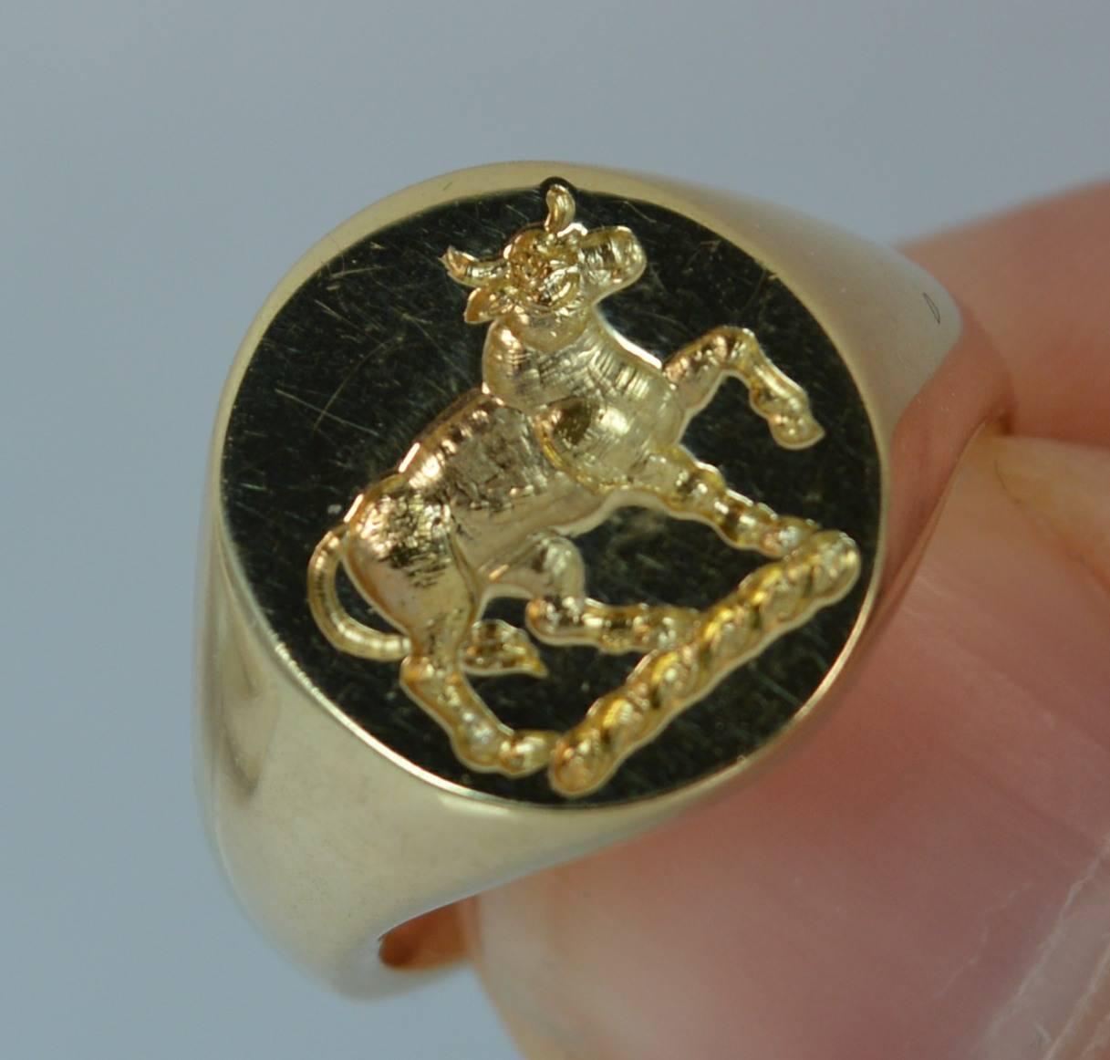 Victorian Quality 9 Carat Gold Prancing Bull Intaglio Seal Signet Ring