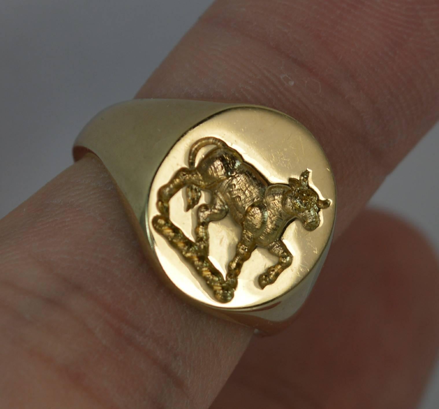 Quality 9 Carat Gold Prancing Bull Intaglio Seal Signet Ring In Excellent Condition In St Helens, GB