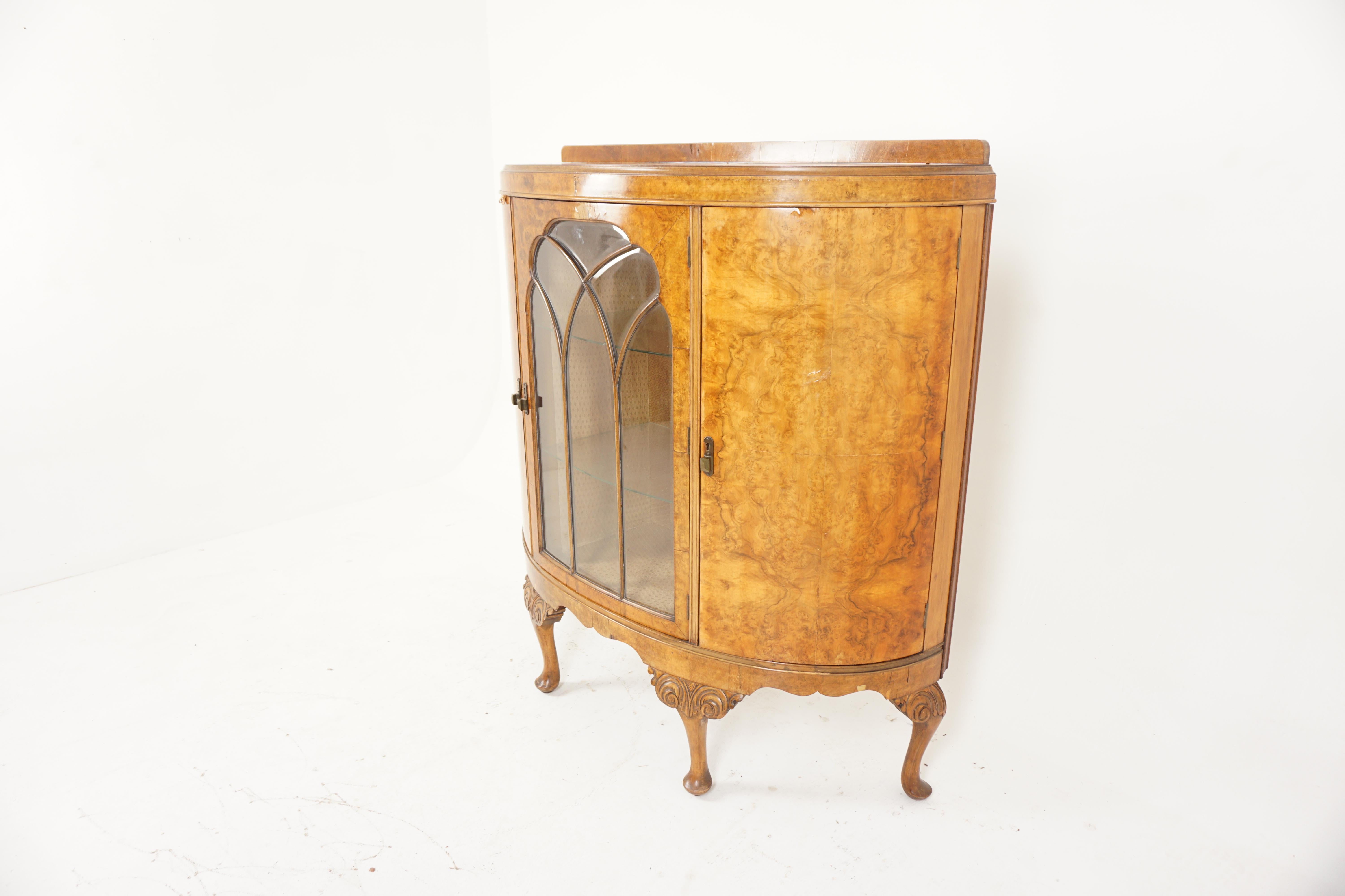 Quality Antique Burr Walnut Demi Lune China Cabinet, Display Cabinet, Scotland 1920, H765

Scotland 1920
Solid walnut + veneers
Original Finish
Small gallery with a wonderful burr walnut top
Moulding on the front
Pair of glass shelves